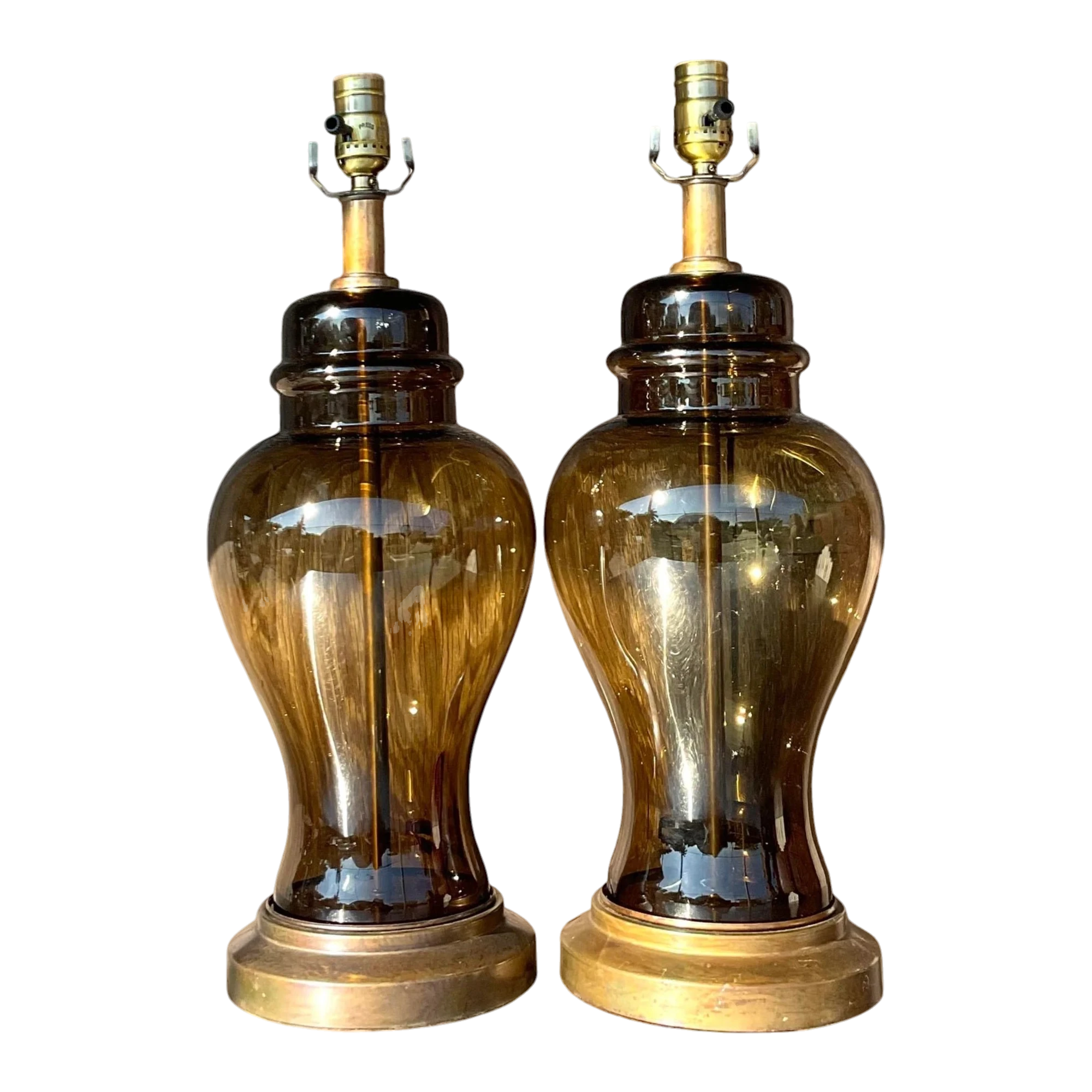 Vintage Boho Smoked Glass Ginger Jar Lamps - a Pair