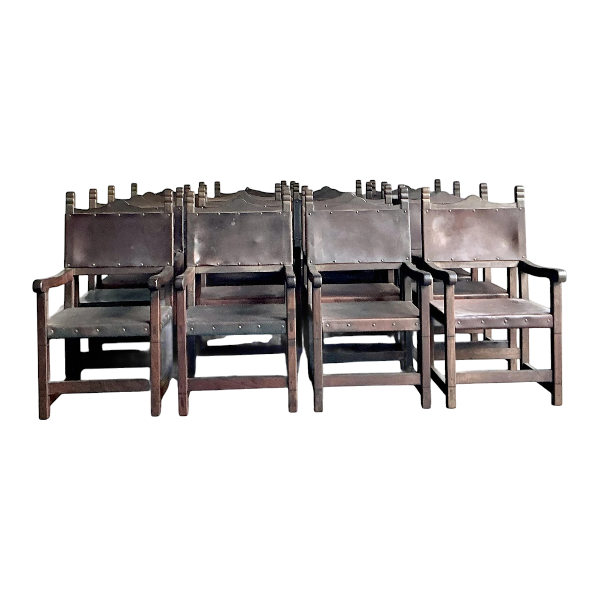 Vintage Boho Spanish Hand Crafted Leather Dining Chairs - Set of 16
