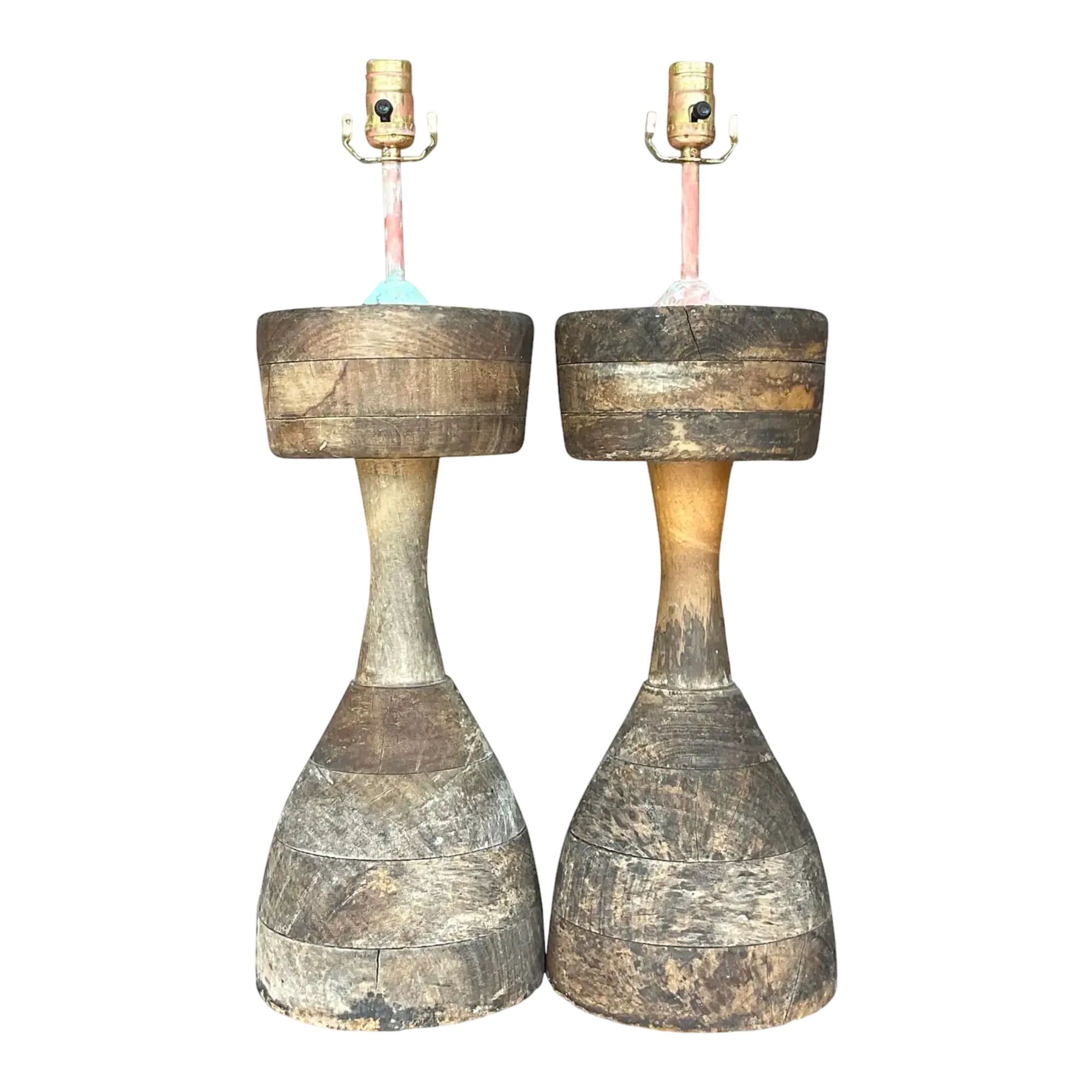 Vintage Boho Stacked Distressed Wood Lamps - a Pair