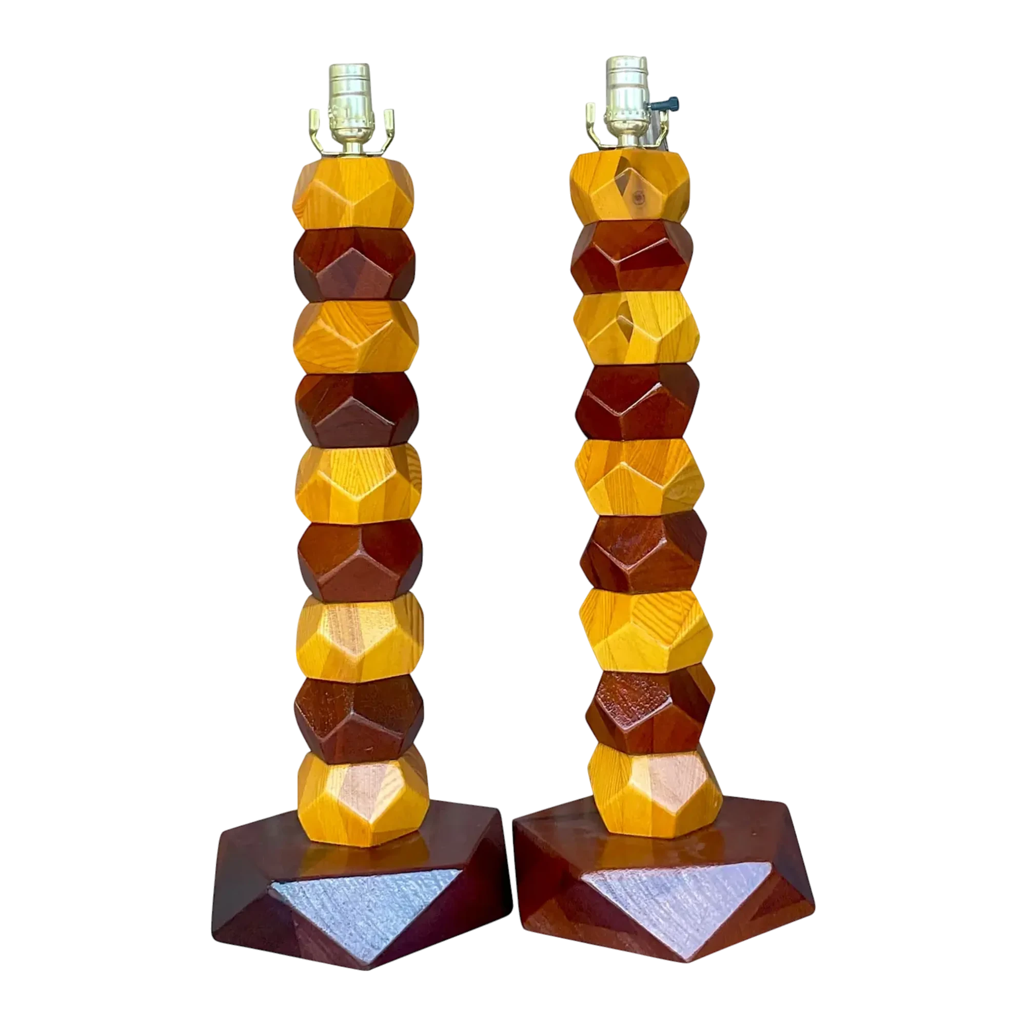 Vintage Boho Stacked Faceted Wood Block Lamps - a Pair