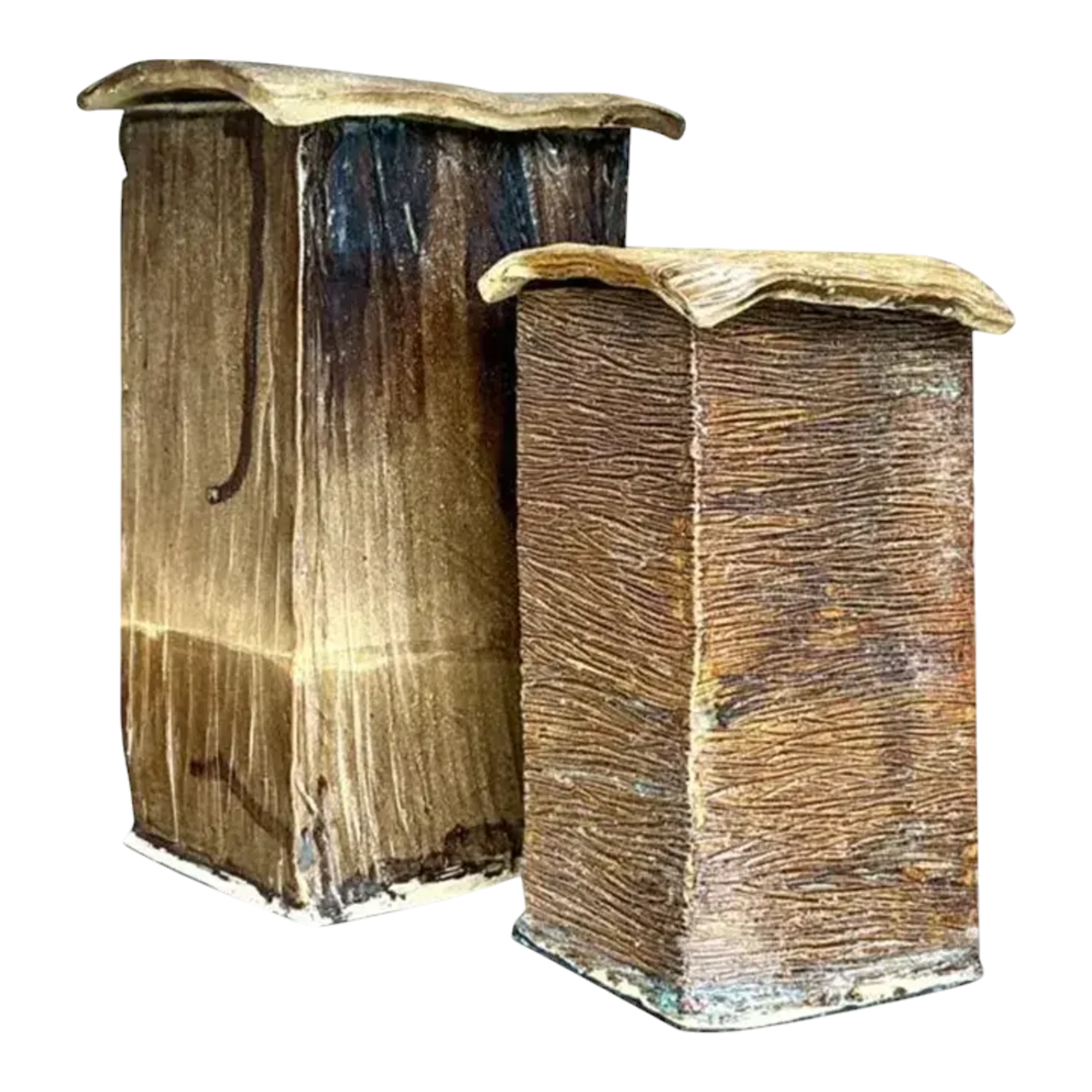 Vintage Boho Studio Pottery Square Lidded Vases - Set of 2