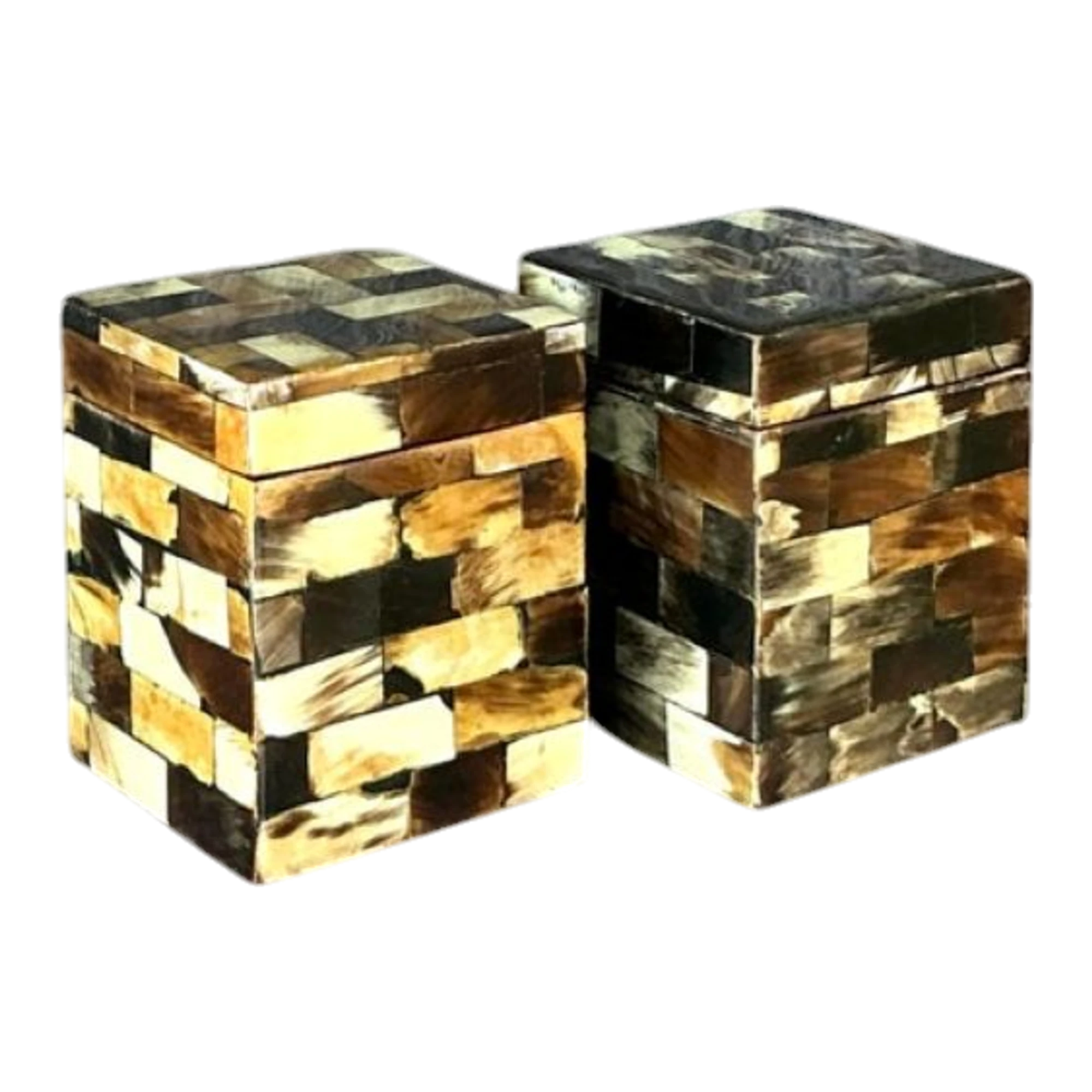 Vintage Boho Tessellated Horn Trinket Boxes - A Pair
