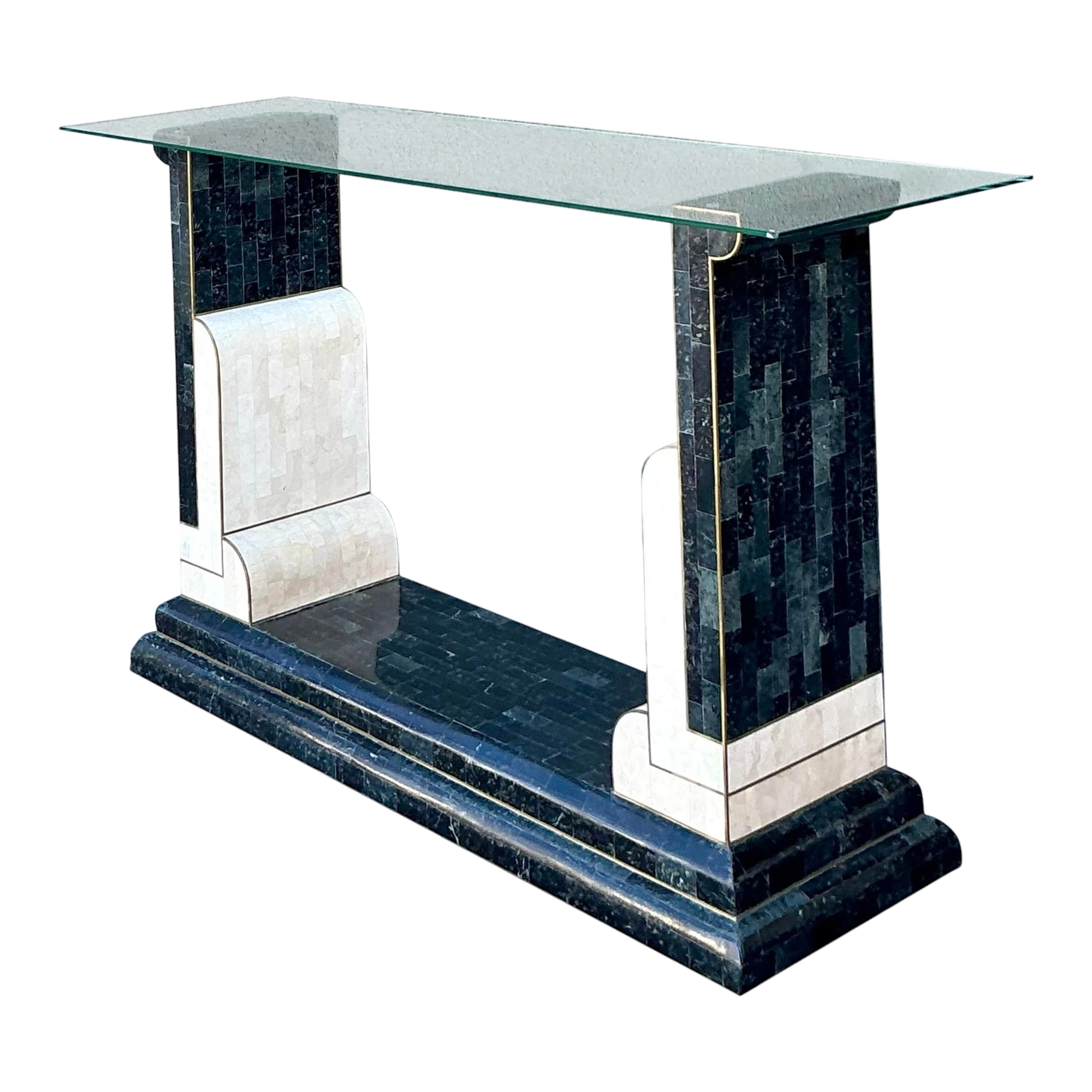 Vintage Boho Tessellated Stone and Brass Inlay Console Table