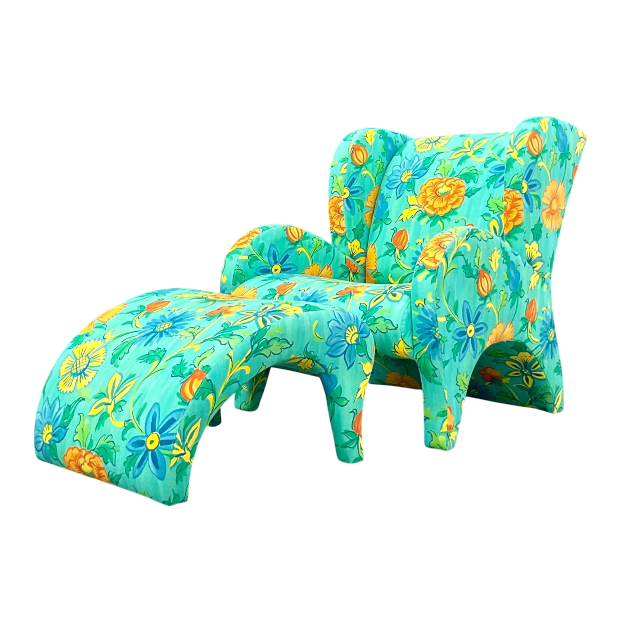 Vintage Boho Thayer Coggin Floral Chair and Ottoman Set