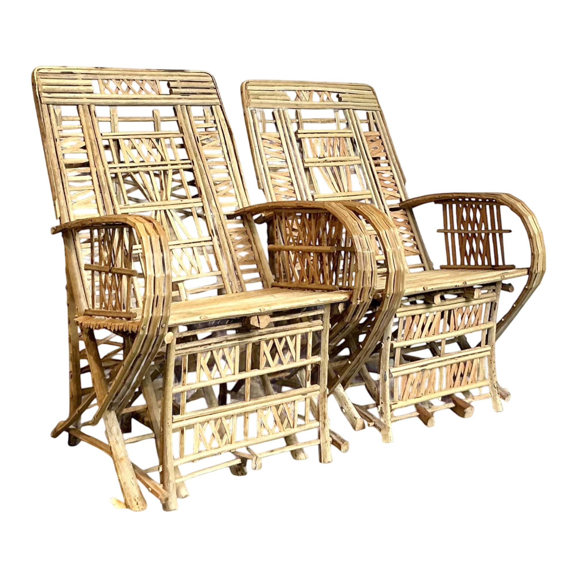 Vintage Boho Trellis Rattan Lounge Chairs - Set of 2