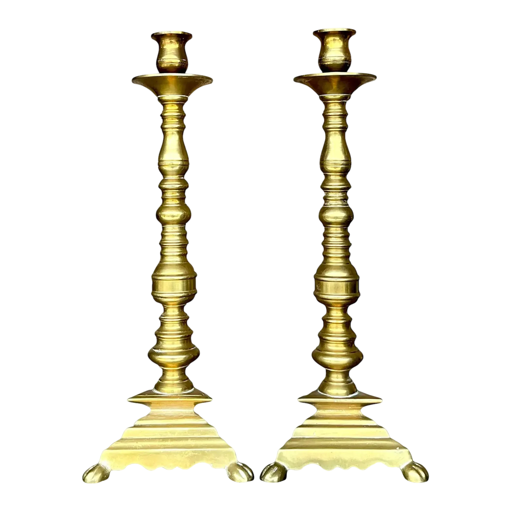 Vintage Boho Turned Brass Candlesticks - a Pair