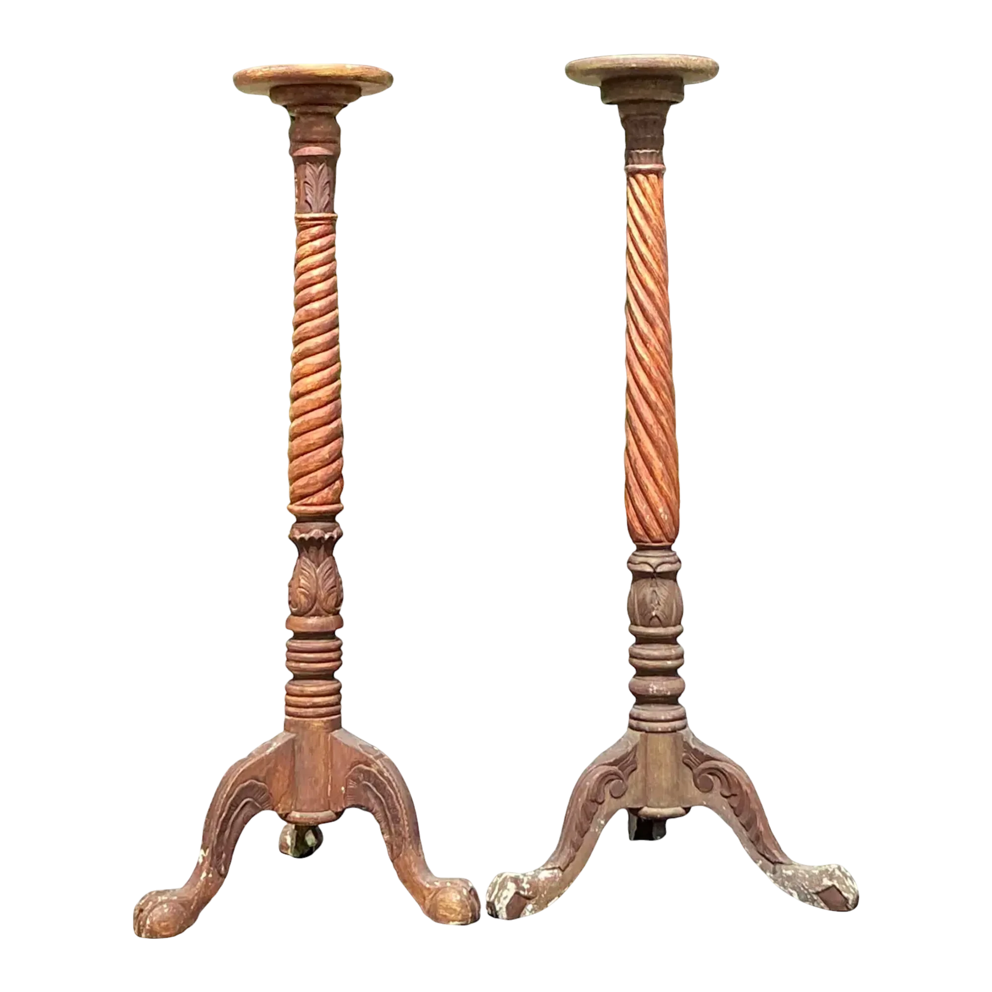 Vintage Boho Turned Wood Candlestick Pedestals - Set of 2
