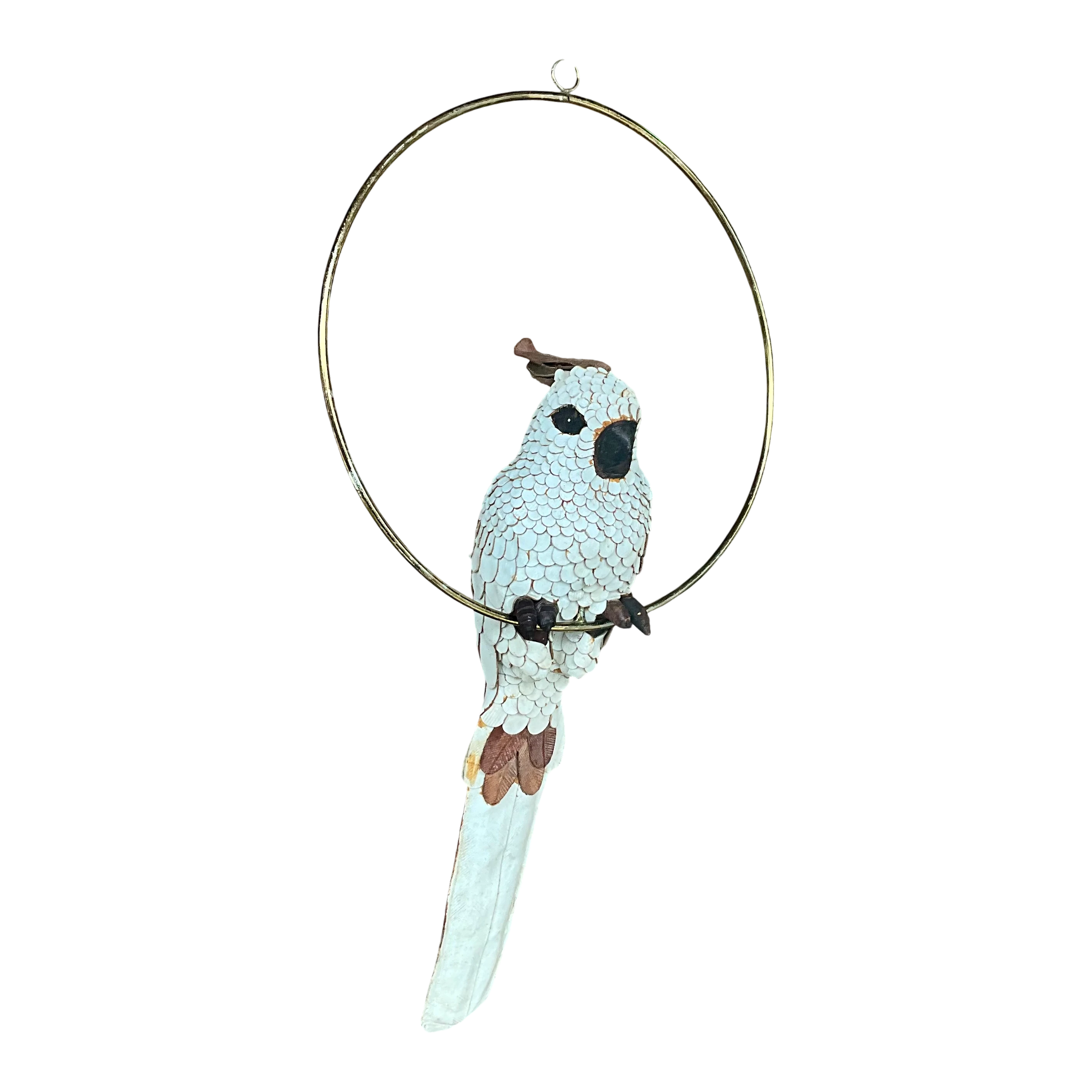 Vintage Boho White Hand Crafted Leather Cockatoo on Brass Swing