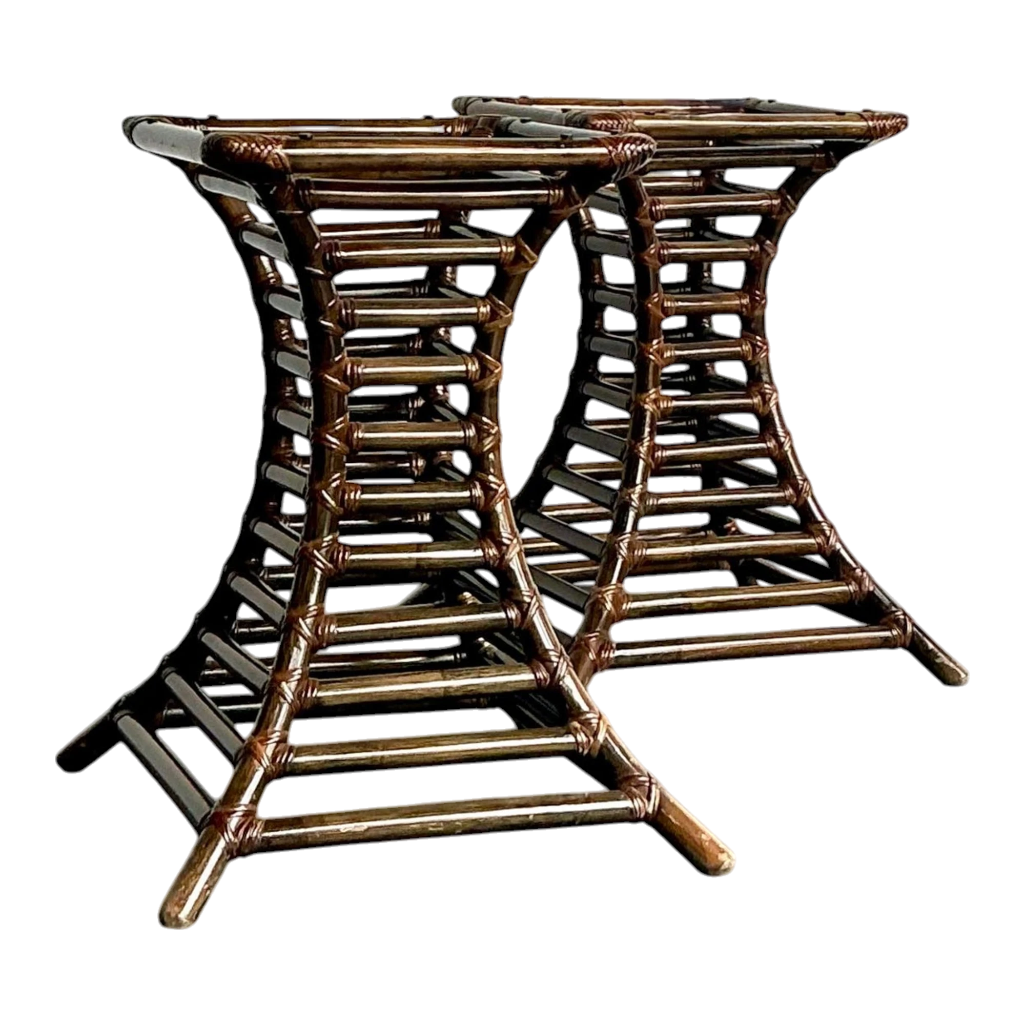 Vintage Boho Willow and Reed Stacked Rattan Table Pedestals - A Pair