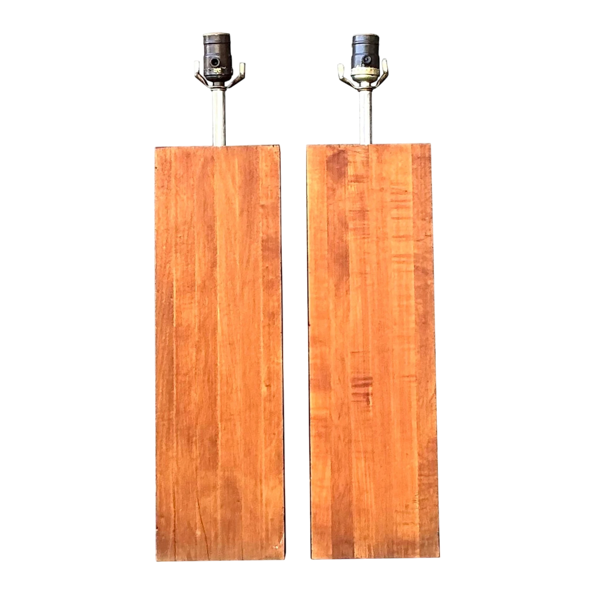 Vintage Boho Wood Block Lamps - A Pair
