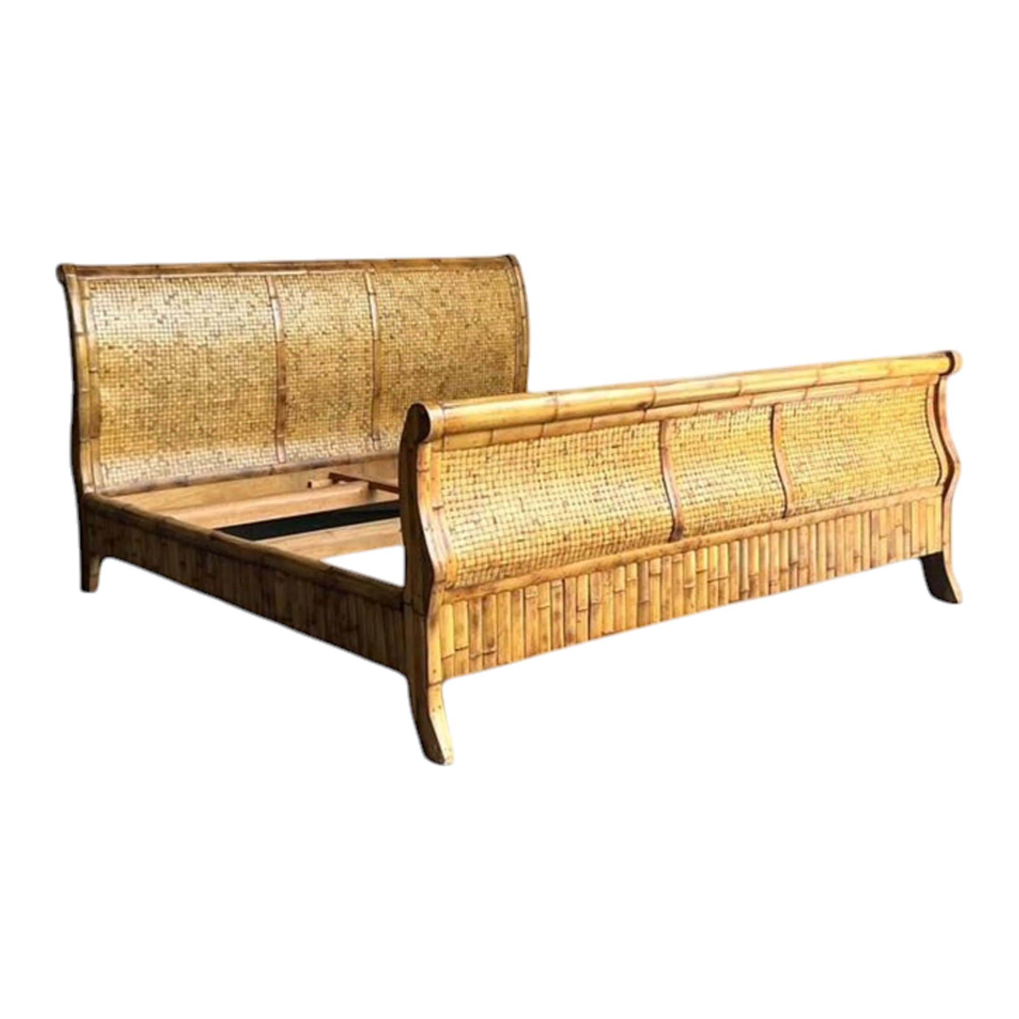 Vintage Boho Woven Rattan California King Sleigh Bed