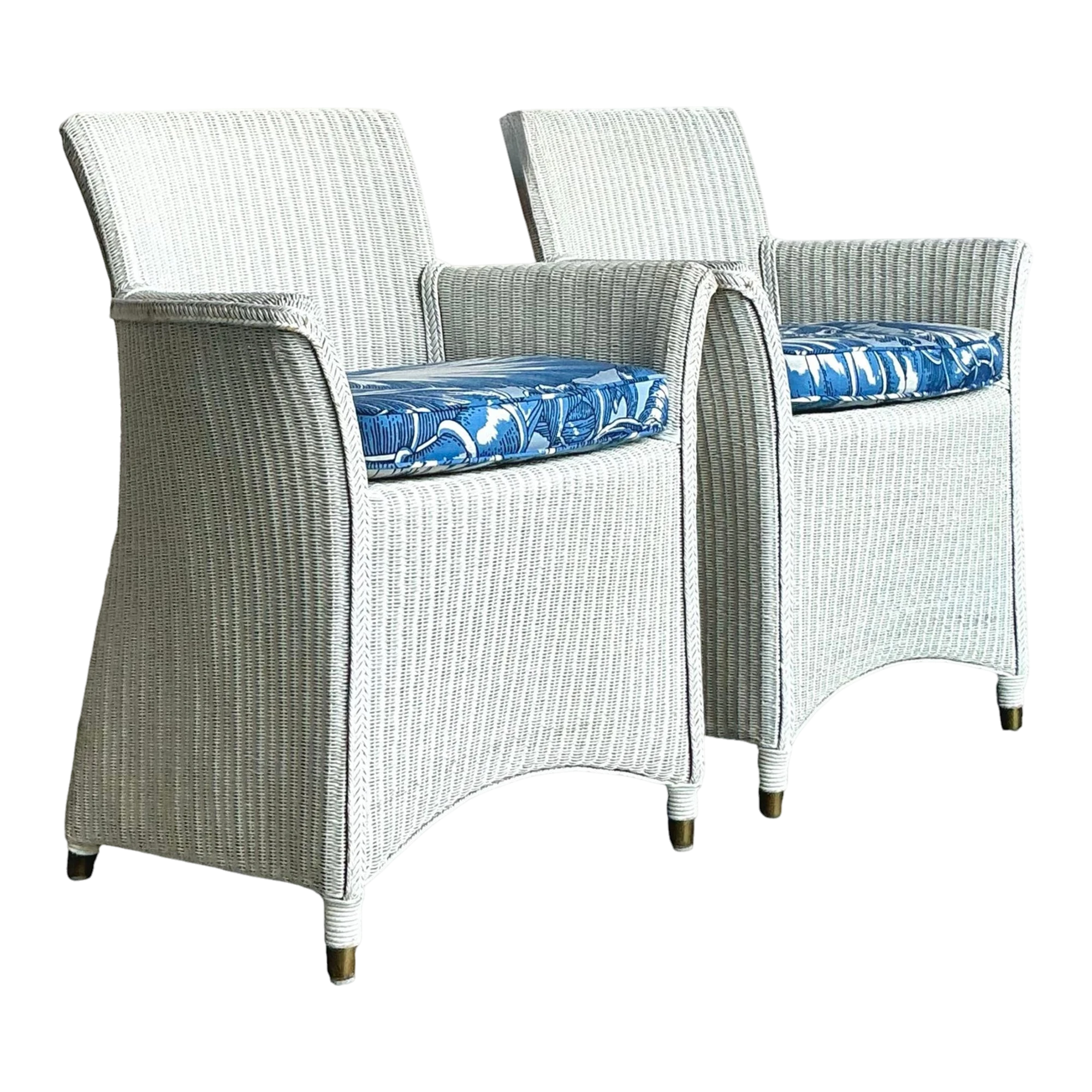 Vintage Boho Woven Rattan Lounge Chairs in Meg Braff Floral- A Pair