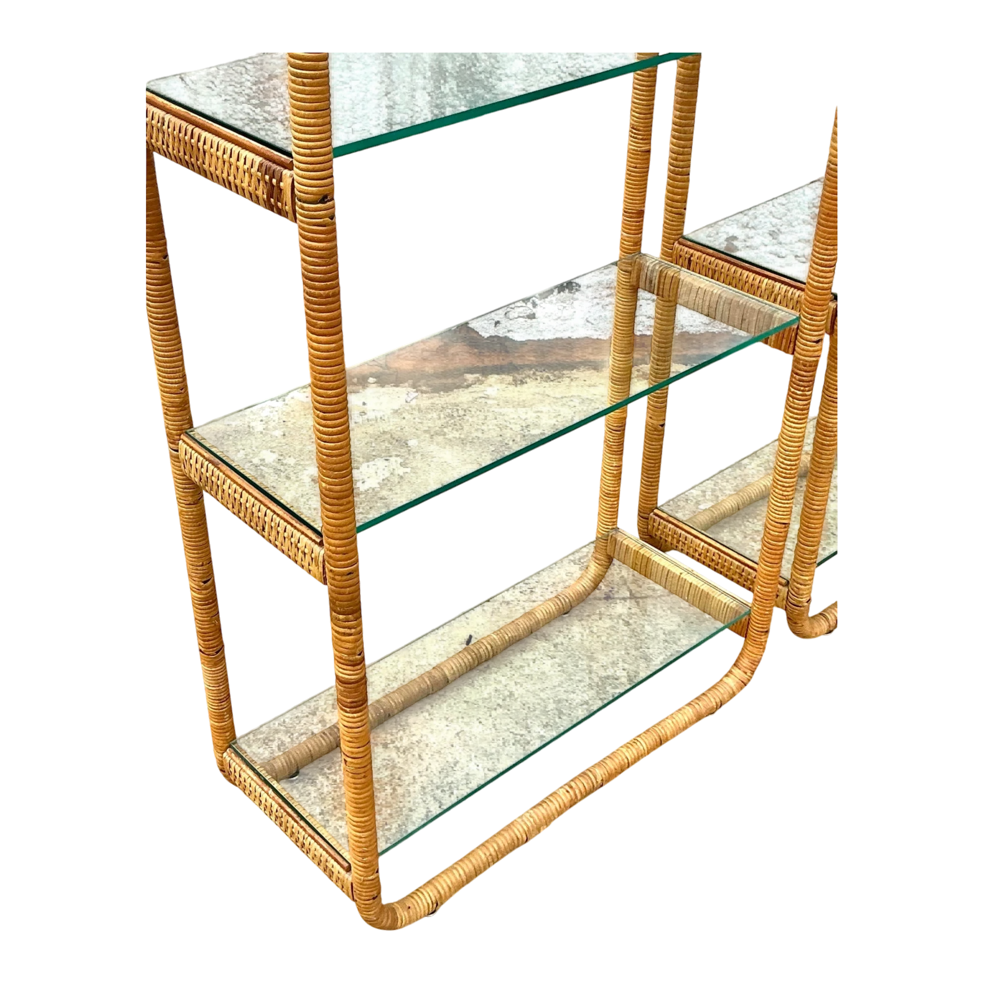 Vintage Boho Wrapped Rattan Etagere - A Pair