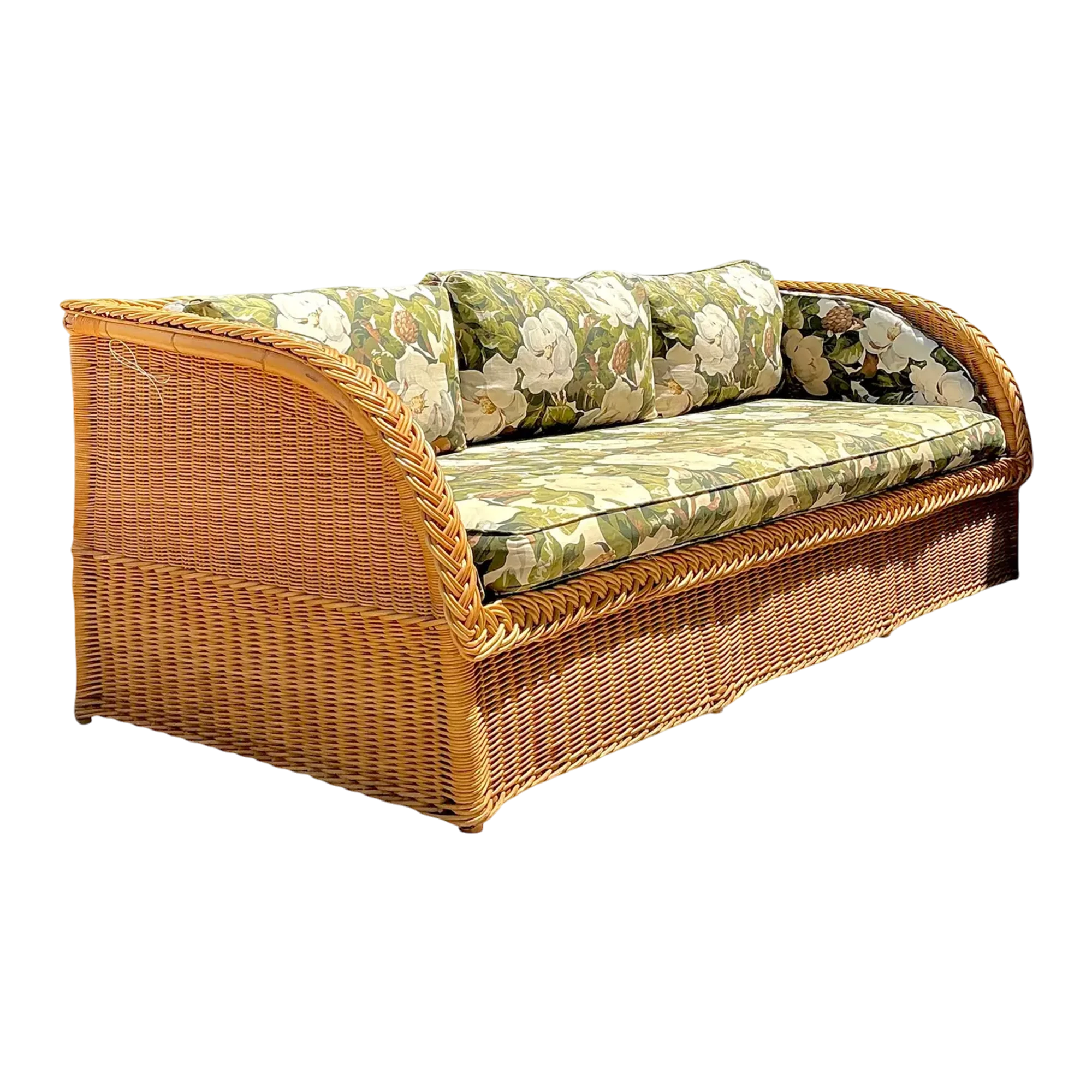 Vintage Braided Rattan Magnolia Print Sofa