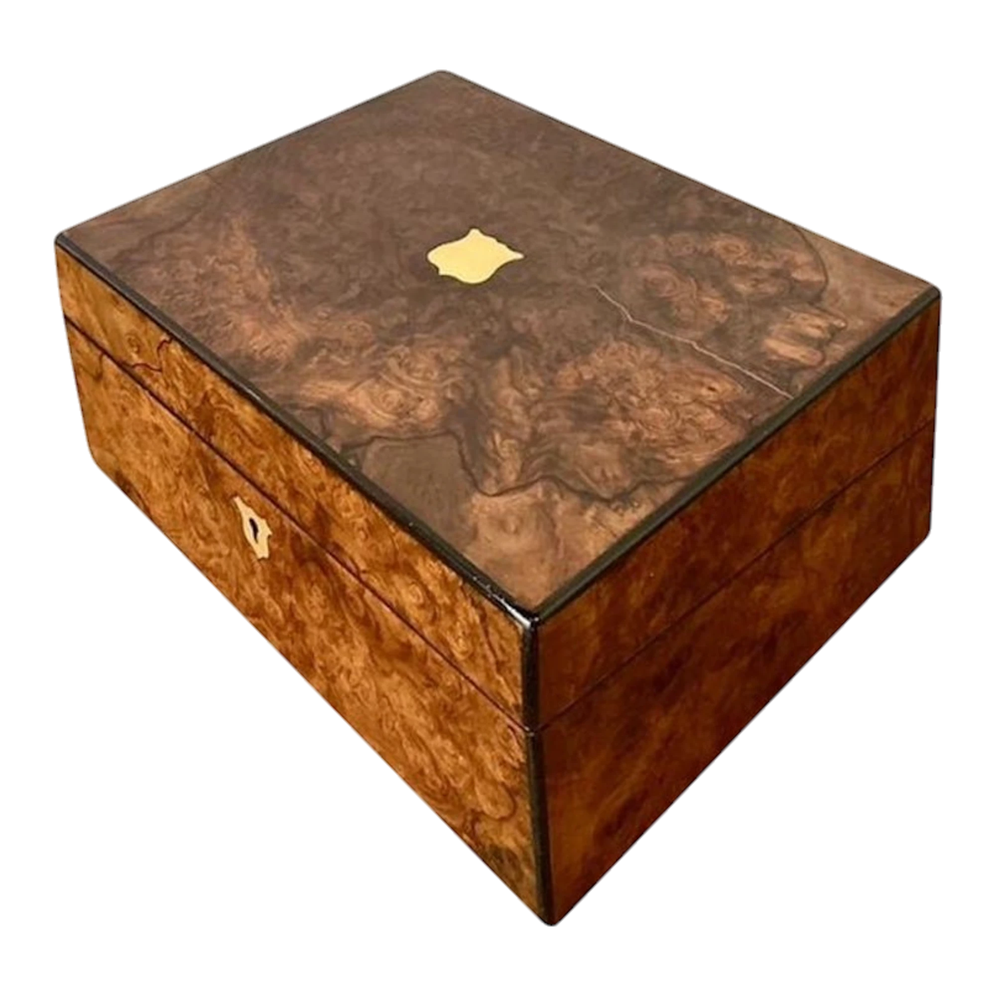 Vintage Brass Inlay Burl Wood Traveling Writing Desk Box