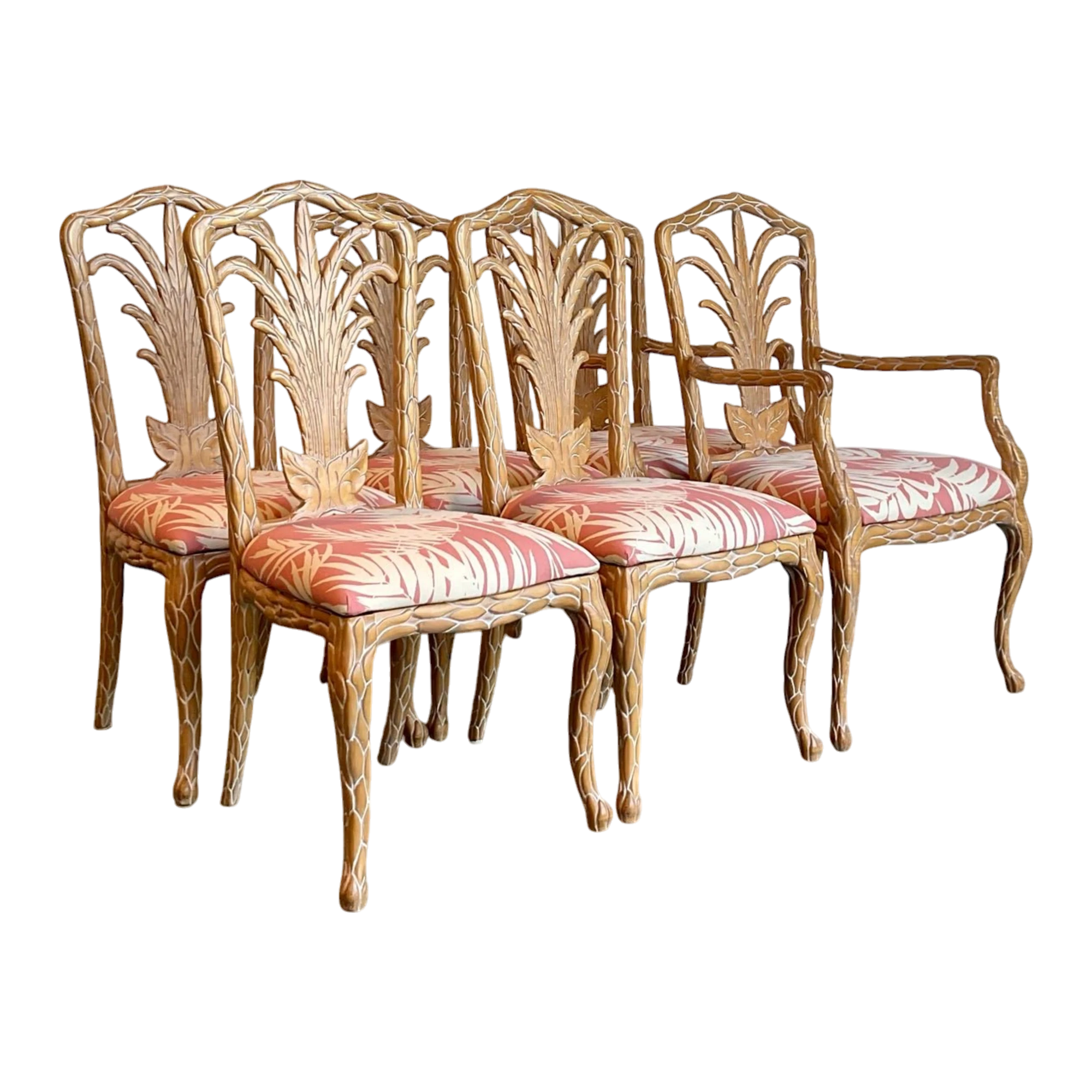 Vintage Carved Faux Bois Dining Chairs in Quadrille Palm Print