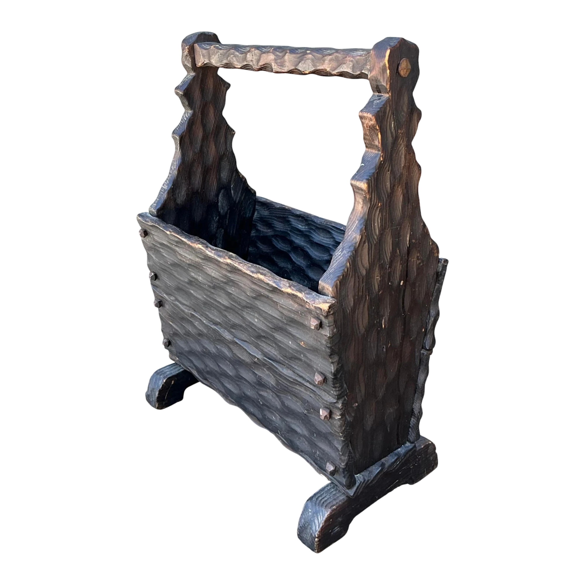Vintage Carved Pine Wood Basket