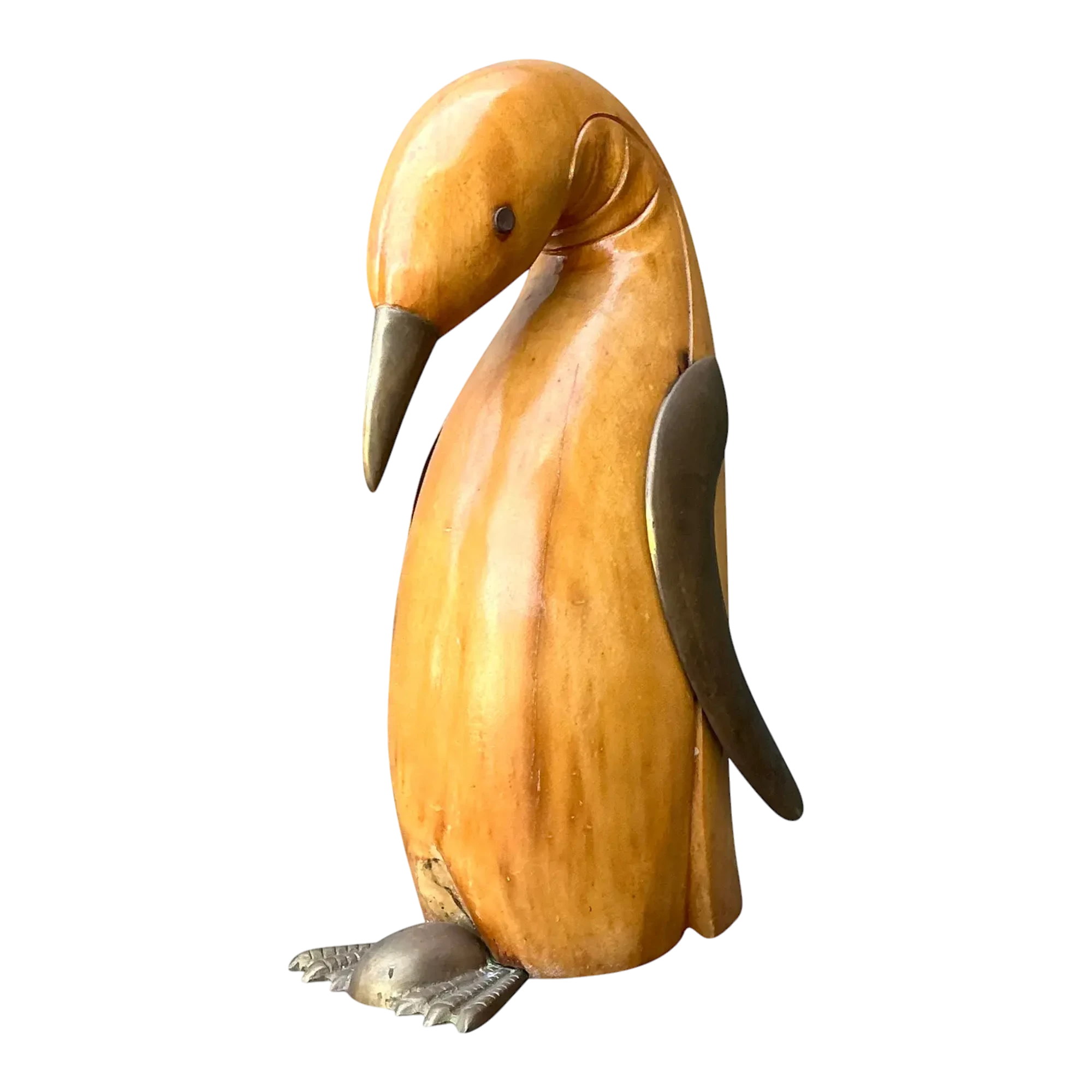 Vintage Carved Wood and Brass Penguin