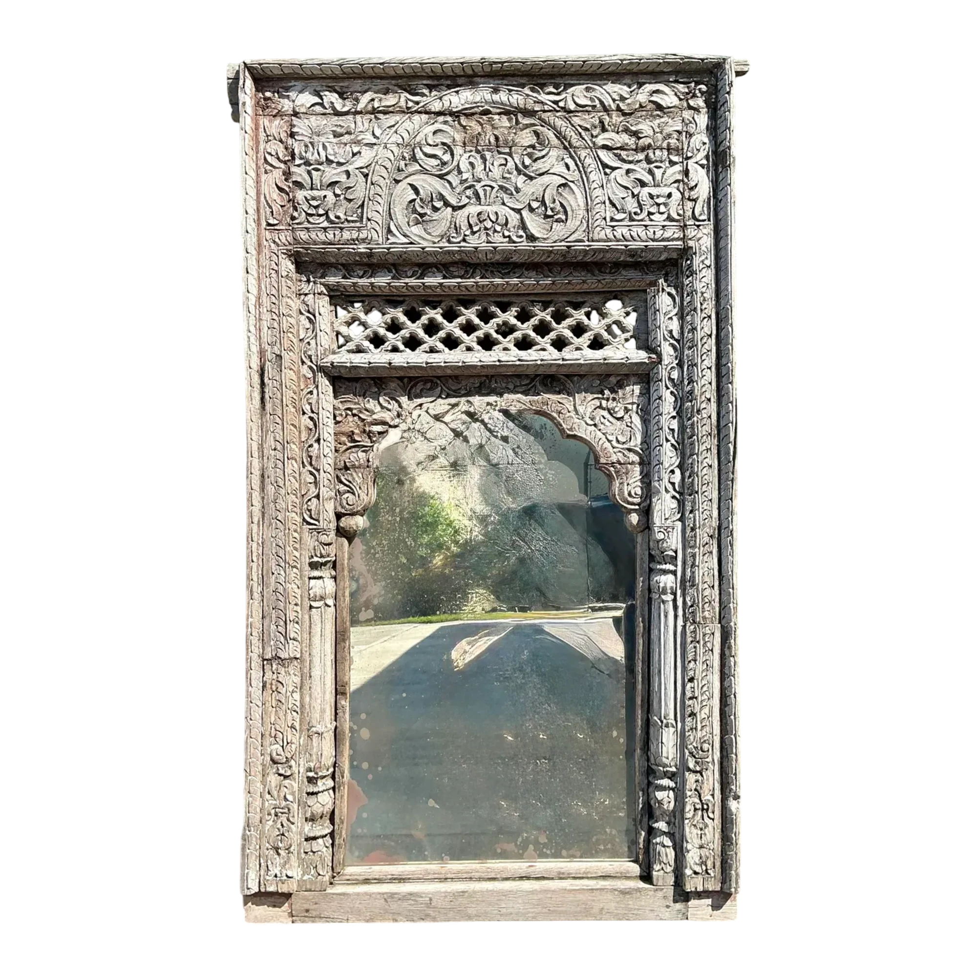 Vintage Carved Wood Distressed Arch Mirror