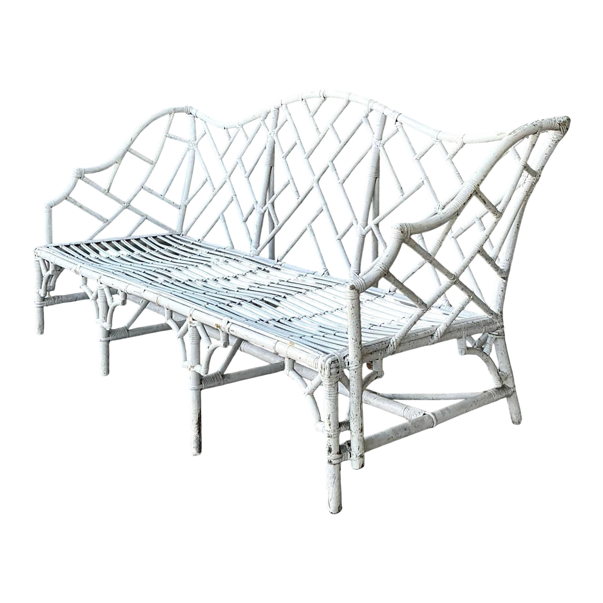 Vintage Chinese Chippendale Camel Back Rattan Sofa