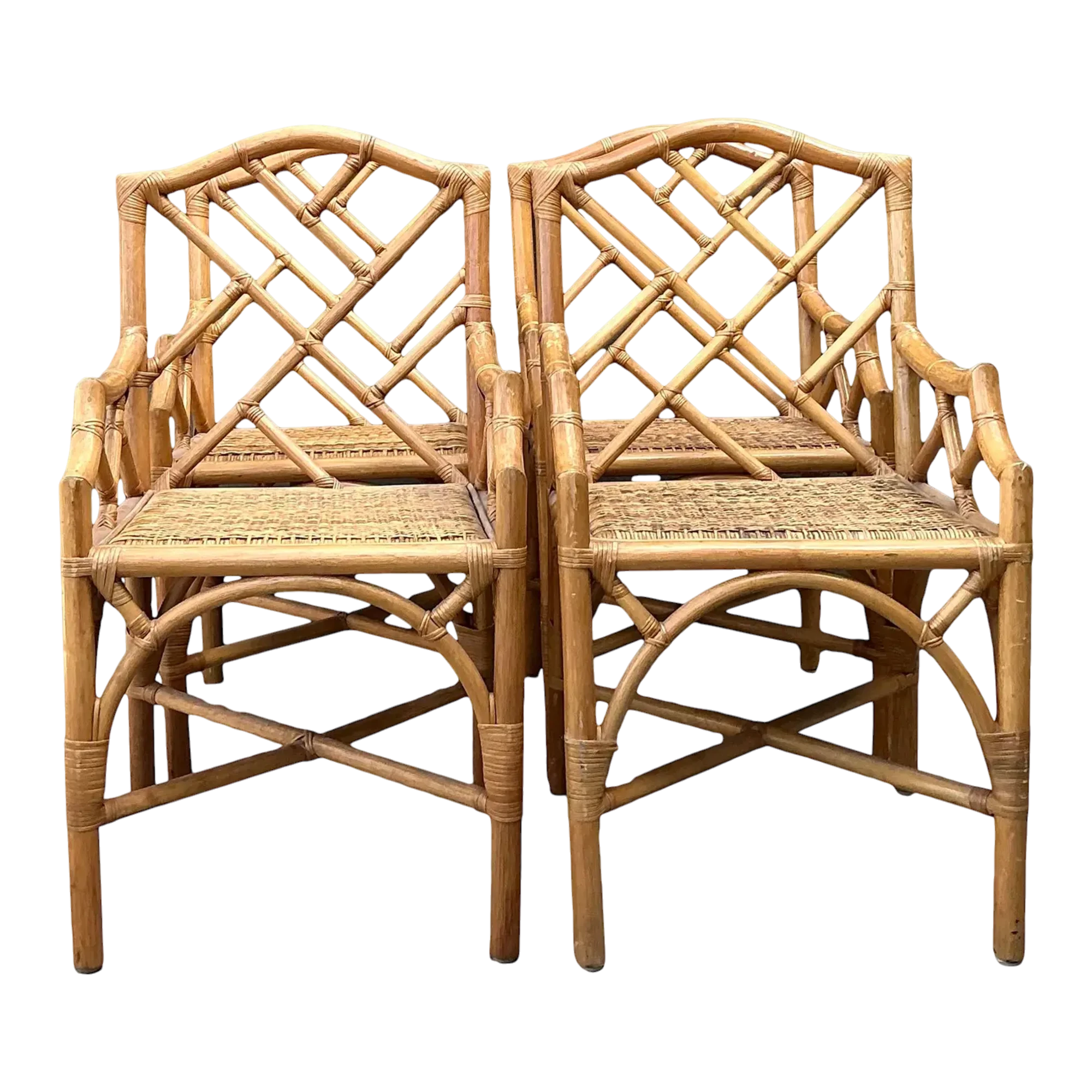 Vintage Chinese Chippendale Rattan Dining Chairs - Set of 4