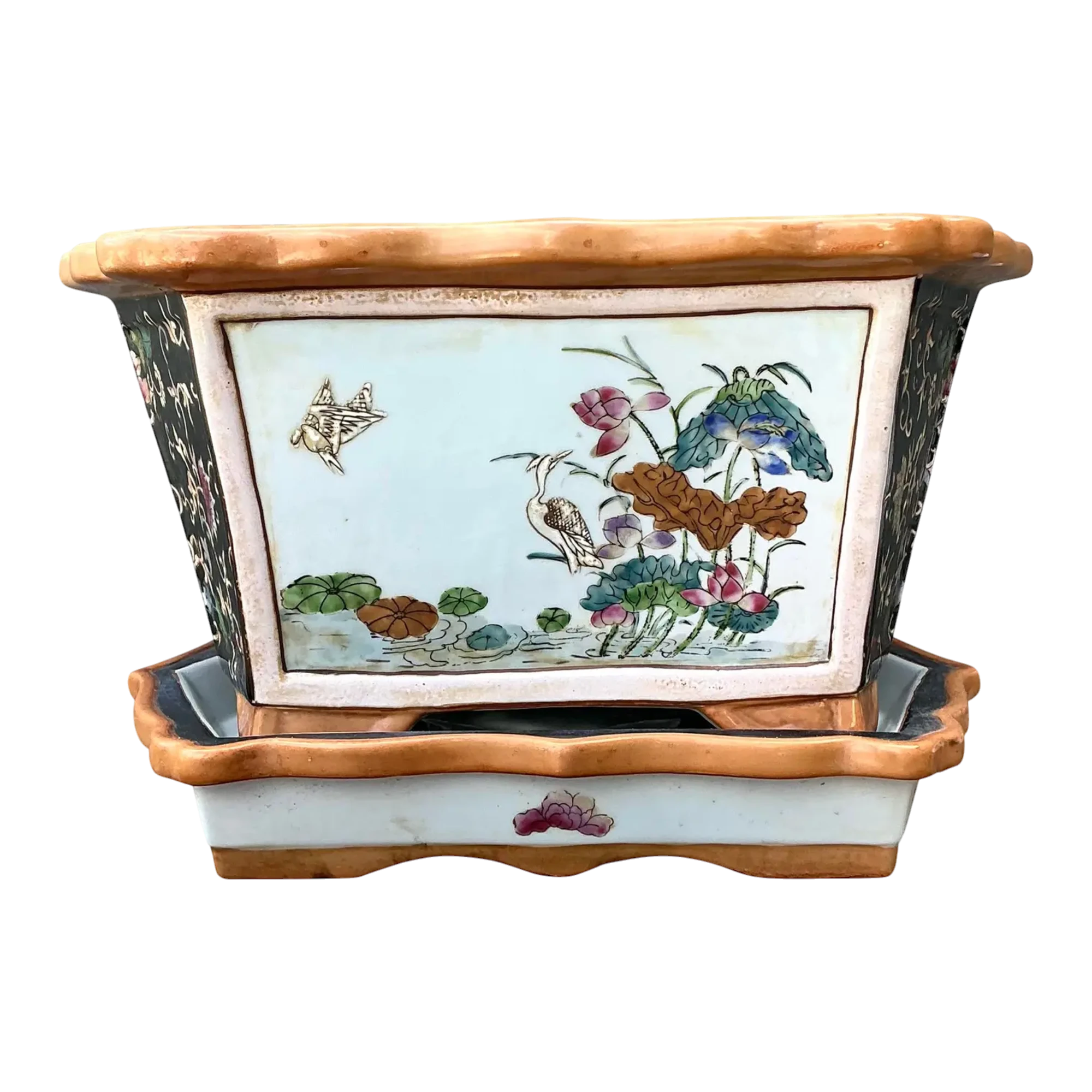 Vintage Chinoiserie Glazed Ceramic Planter