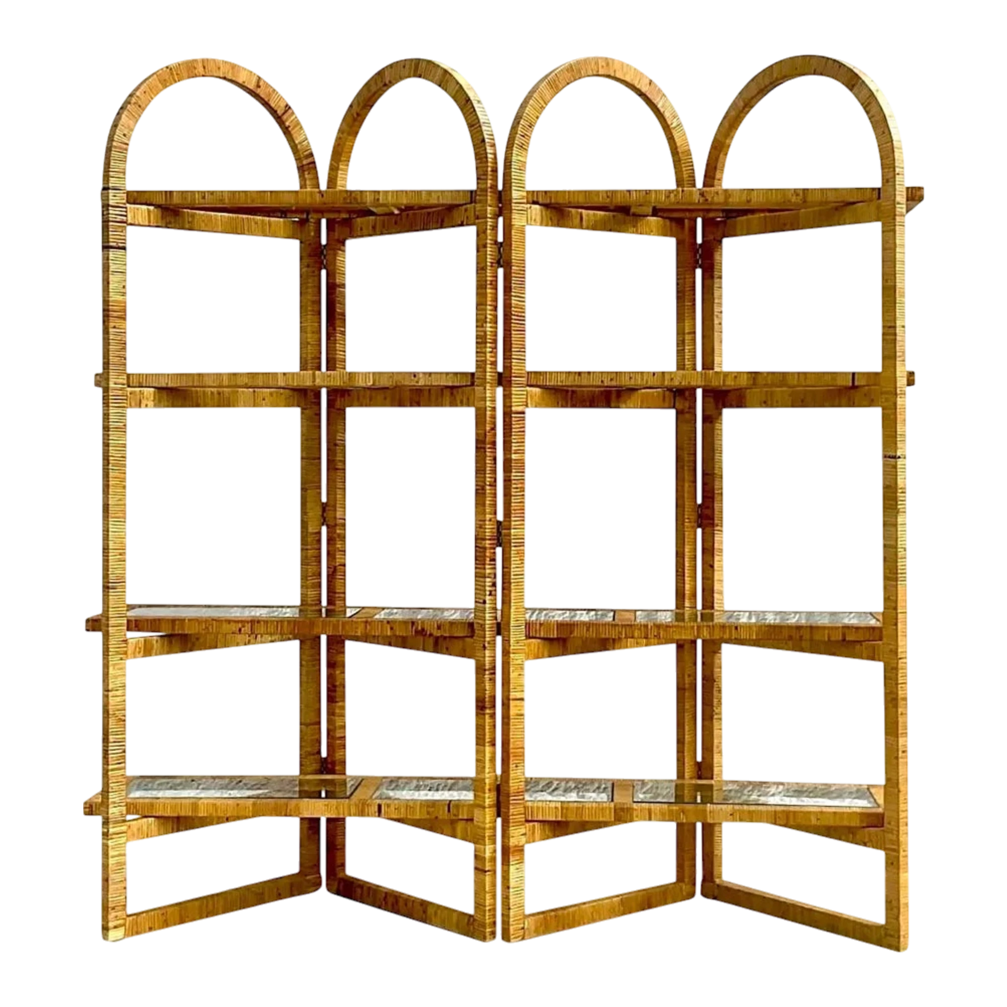 Vintage Coastal Arched Folding Rattan Etagere