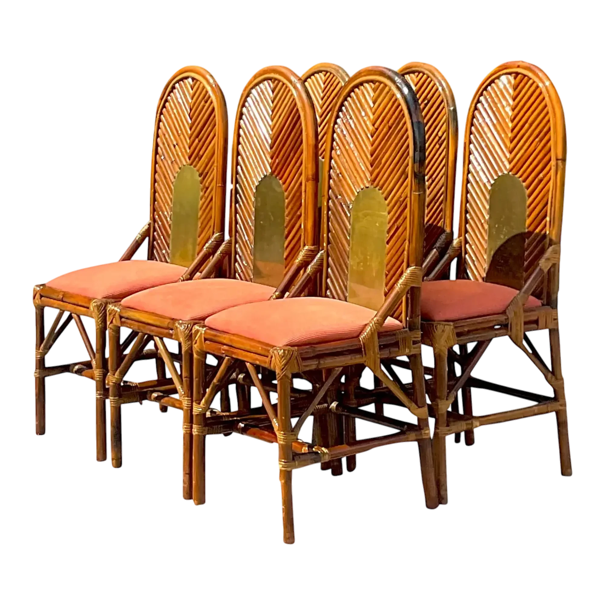 Vintage Coastal Arched Rattan and Brass Dining Chairs After Vivai Del Sud - Set
