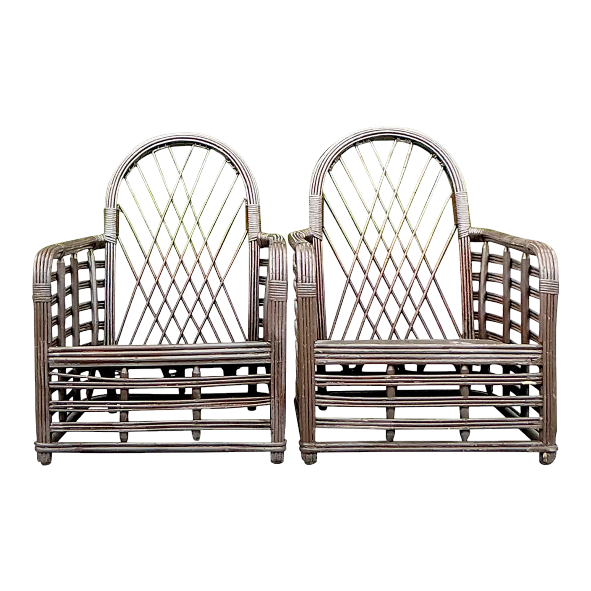 Vintage Coastal Arched Rattan Lounge Chairs - a Pair