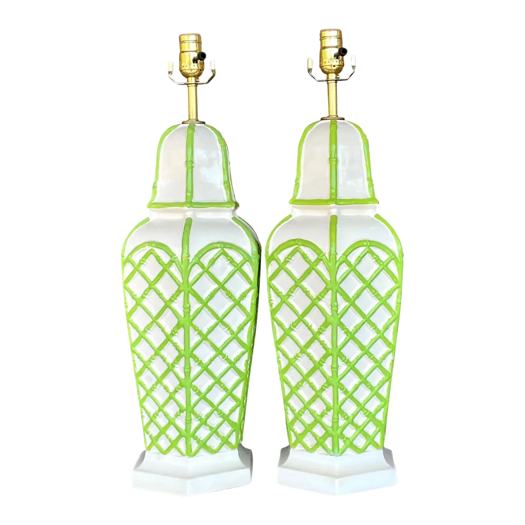 Vintage Coastal Bamboo Trellis Glazed Ceramic Lamps - a Pair