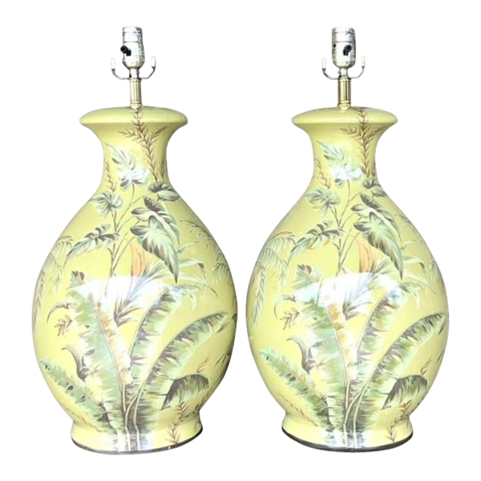 Vintage Coastal Banana Leaf Glazed Ceramic Lamps - a Pair