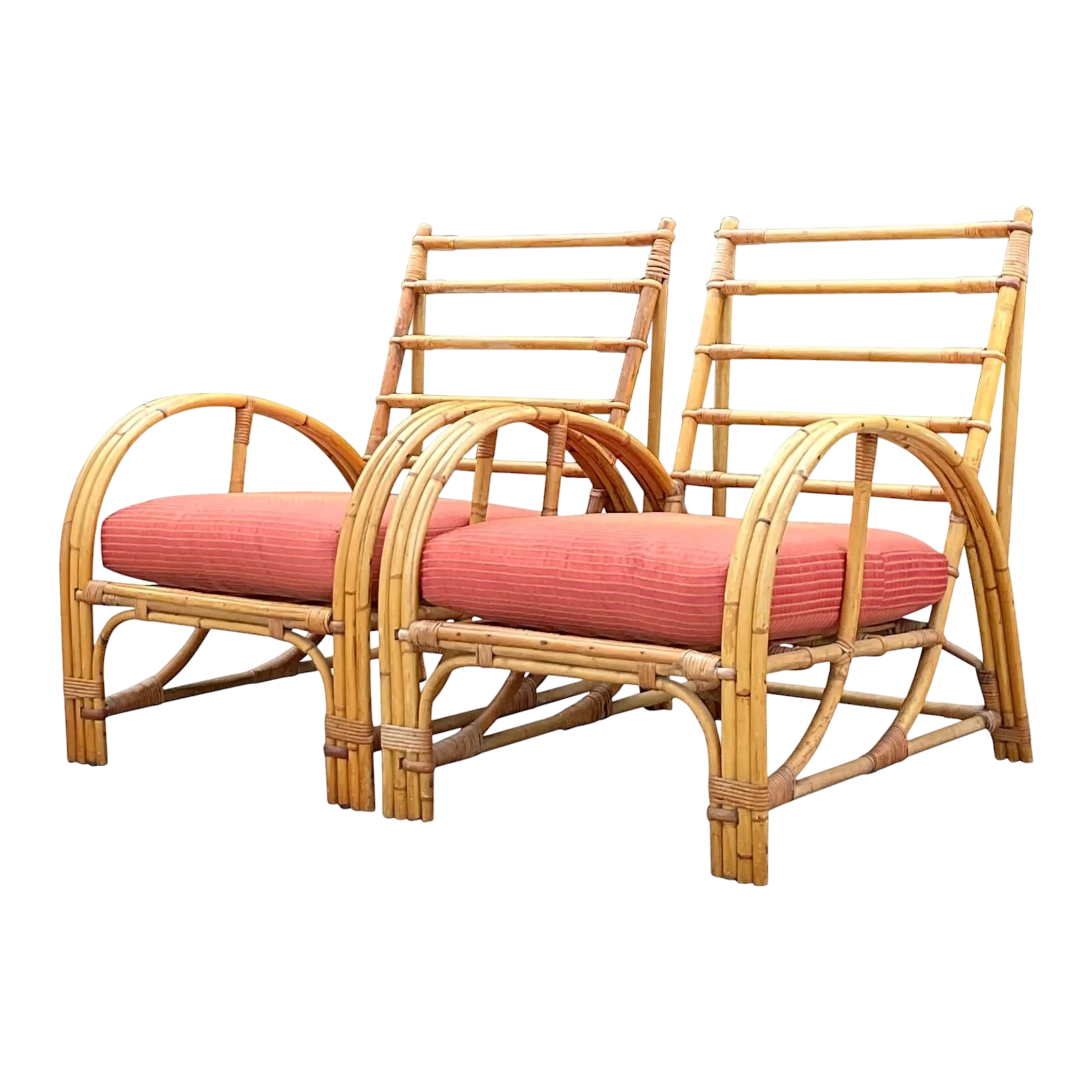 Vintage Coastal Bent Bamboo Arch Lounge Chairs - a Pair