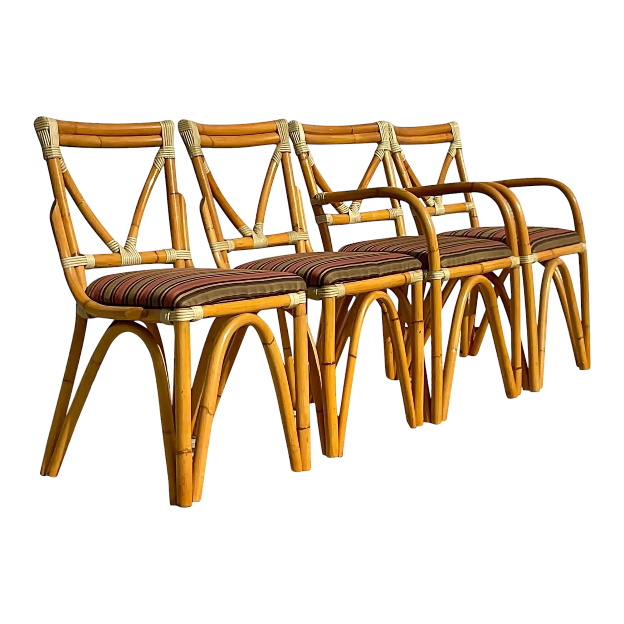 Vintage Coastal Bent Rattan Dining Chairs - Set of Four