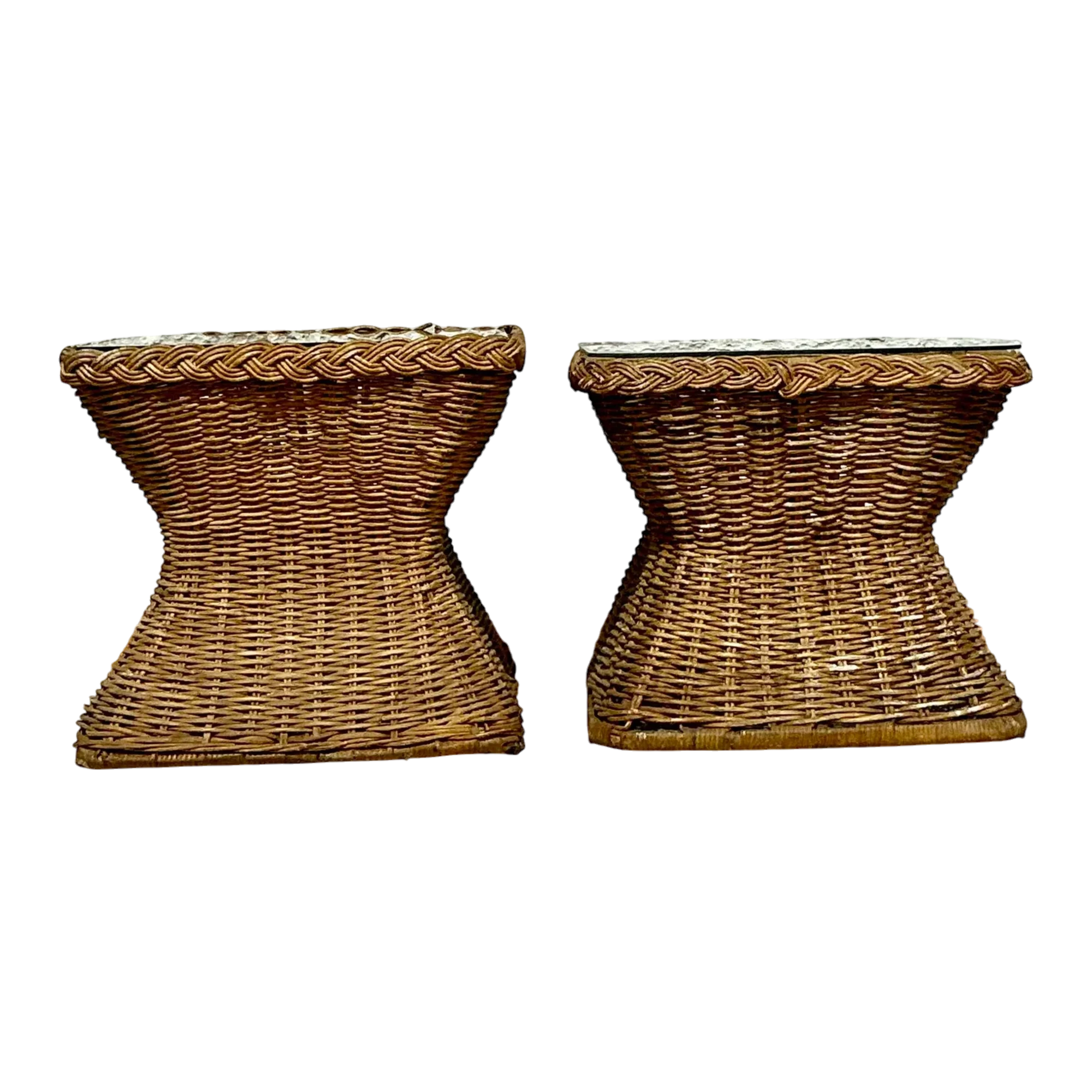 Vintage Coastal Braided Rattan Side Tables - Set of 2