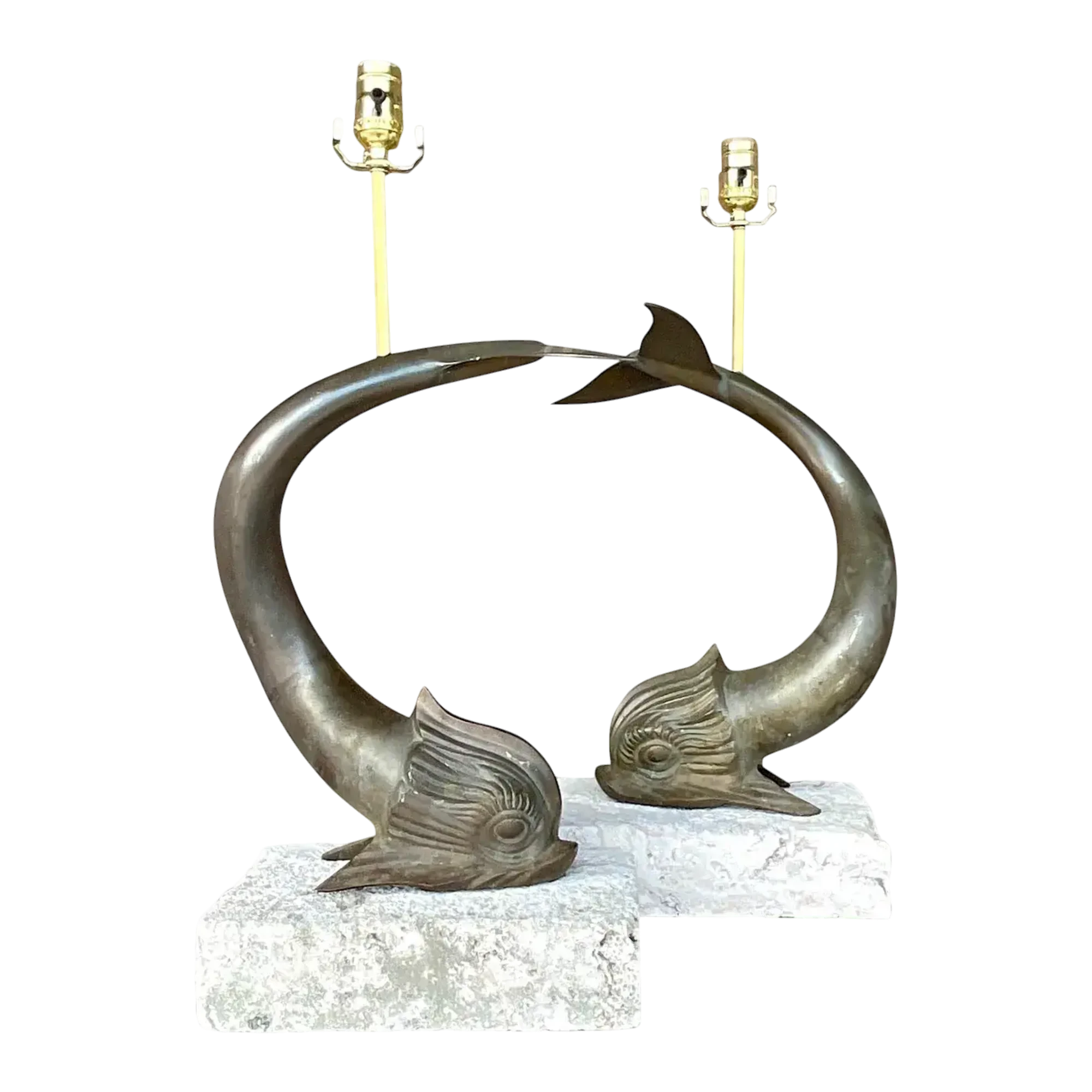 Vintage Coastal Bronze Koi Fish on Coquina Slab Lamps - a Pair