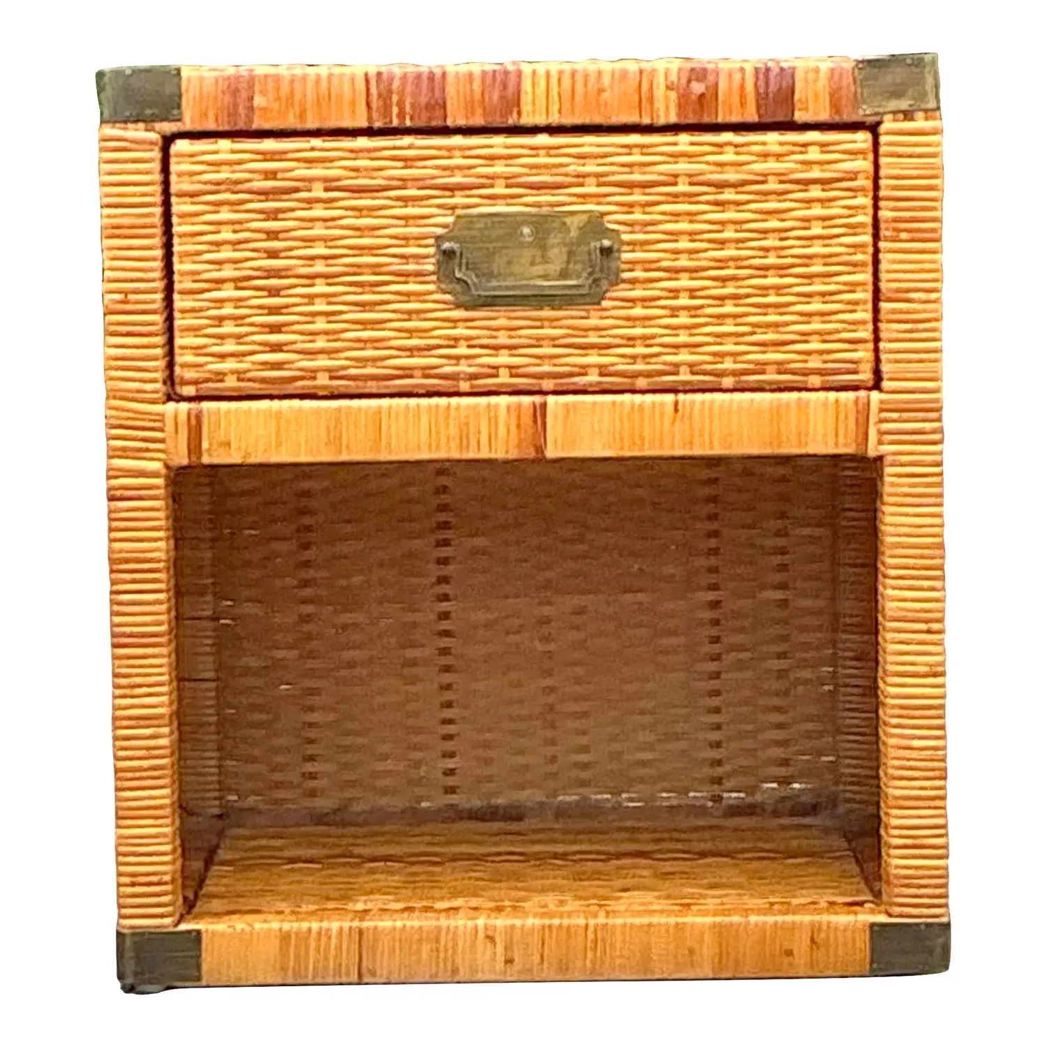 Vintage Coastal Campaign Woven Rattan Nightstand