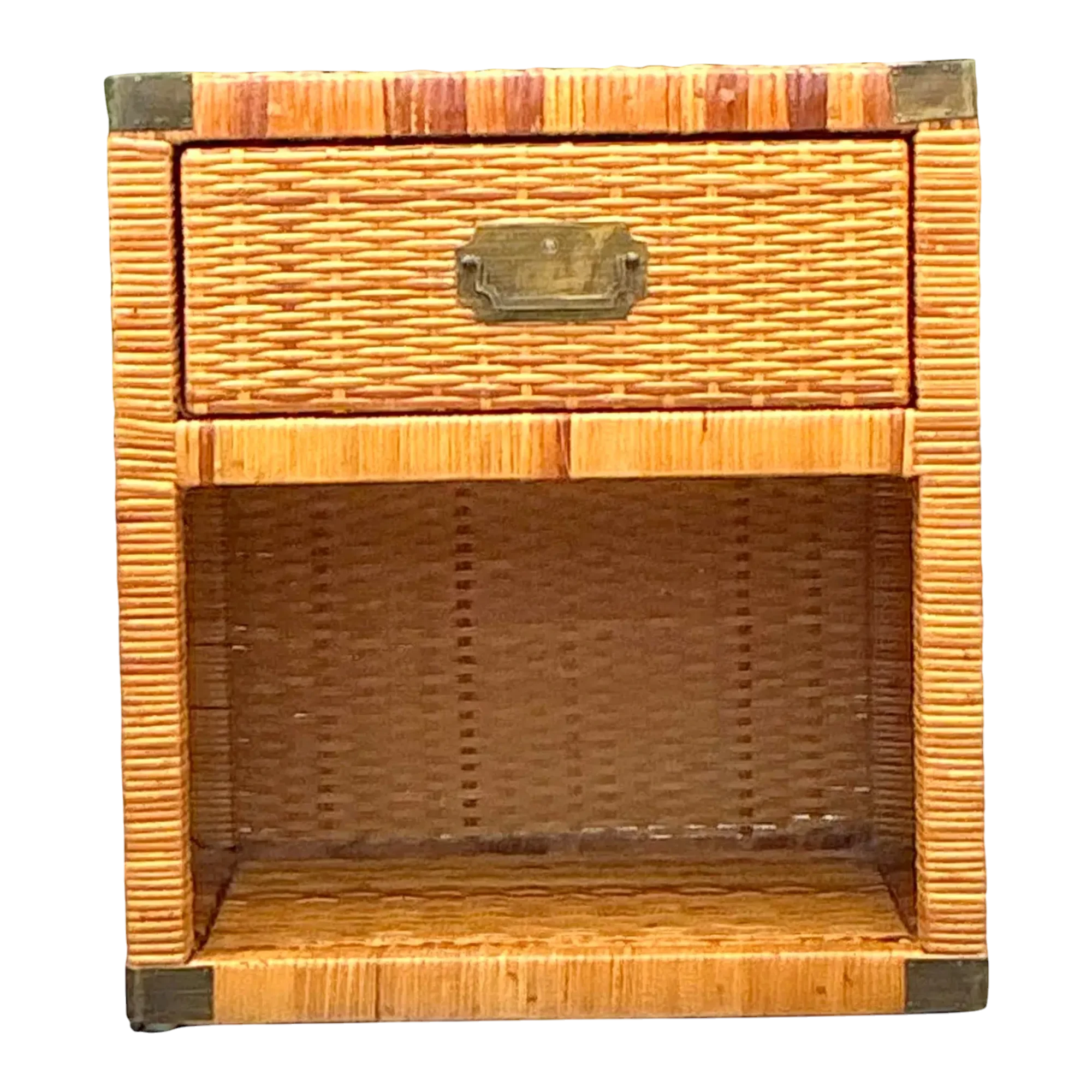 Vintage Coastal Campaign Woven Rattan Nightstand