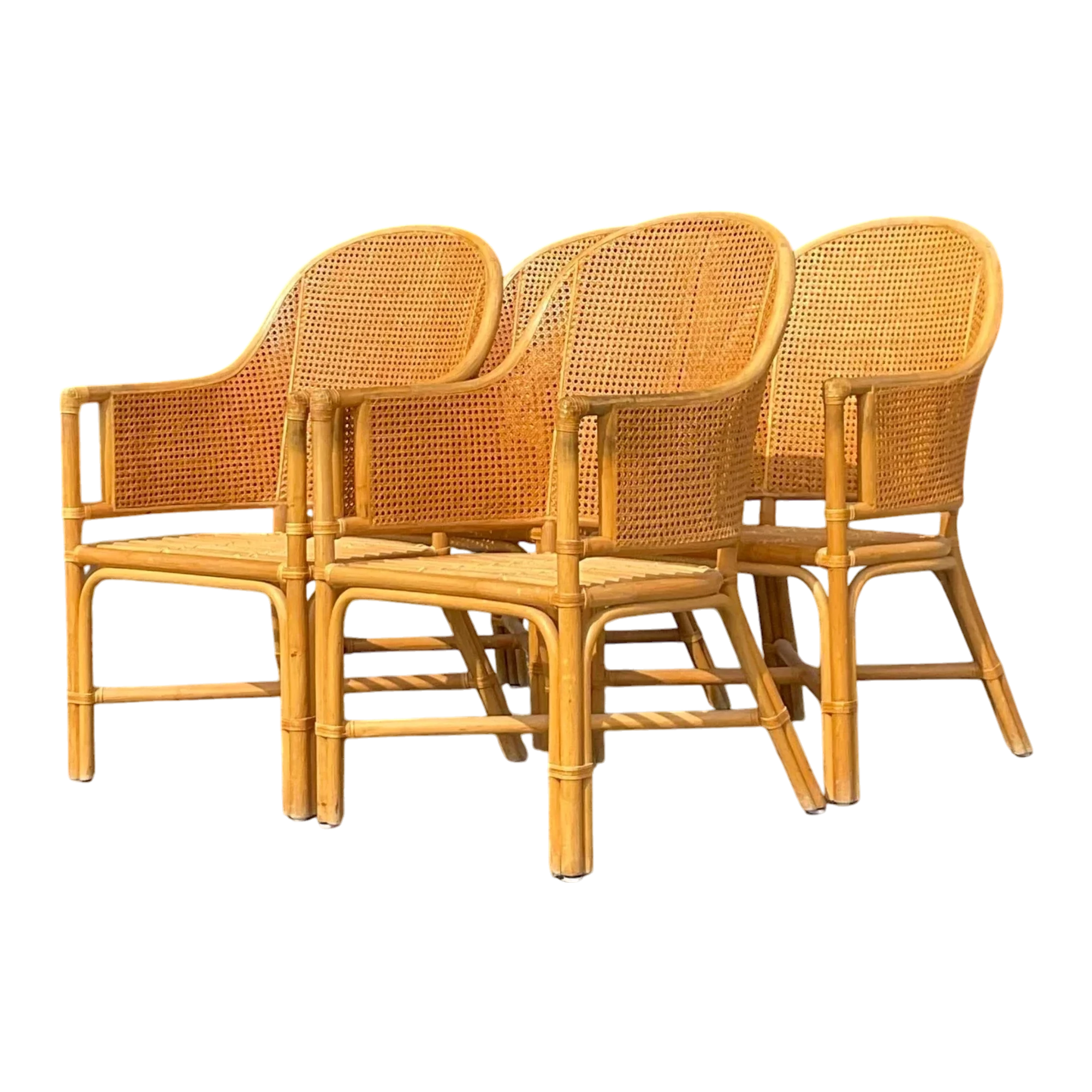 Vintage Coastal Cane Rattan Dining Chairs After McGuire - Set of 4