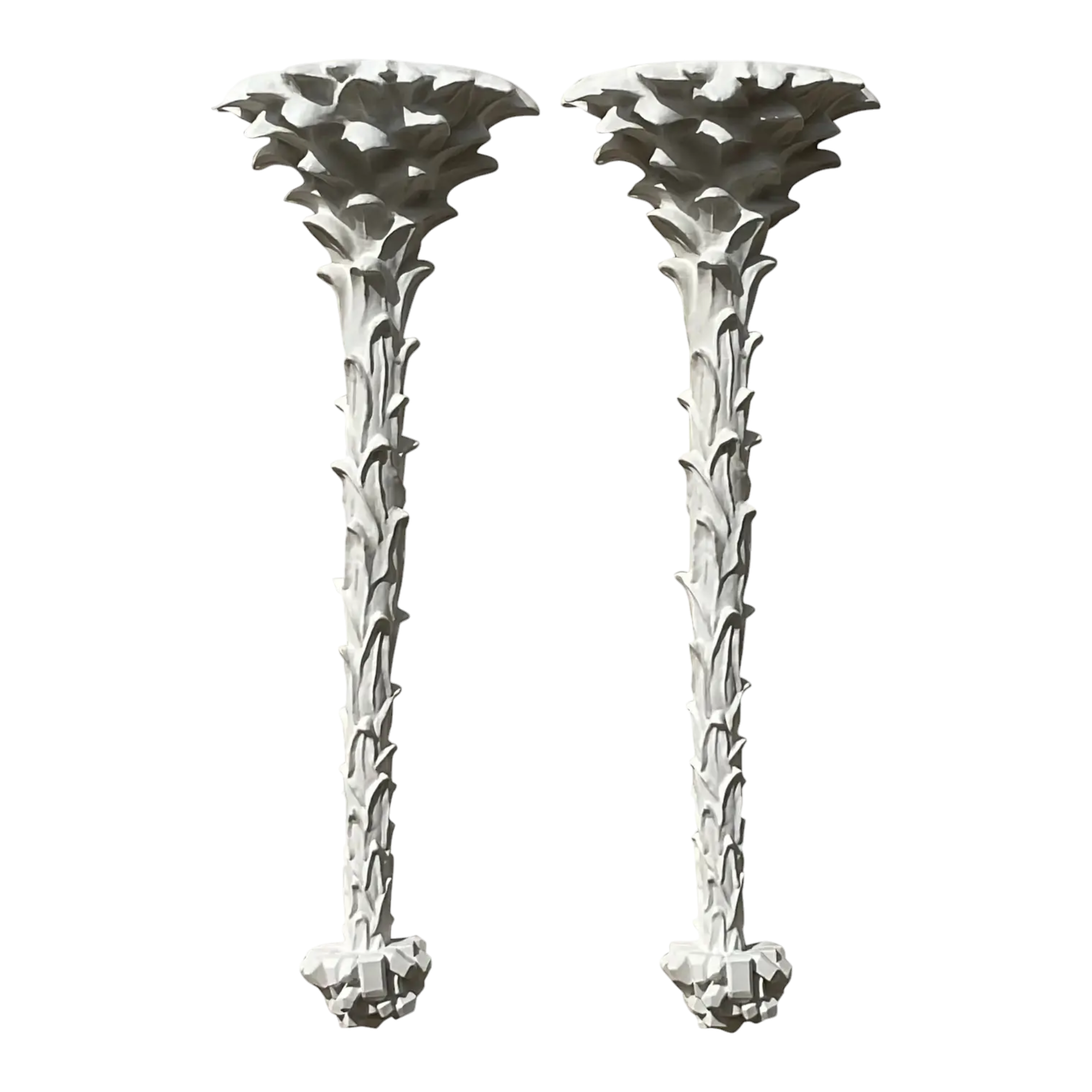 Vintage Coastal Cast White Plaster Palm Tree Wall Light Sconces - A Pair