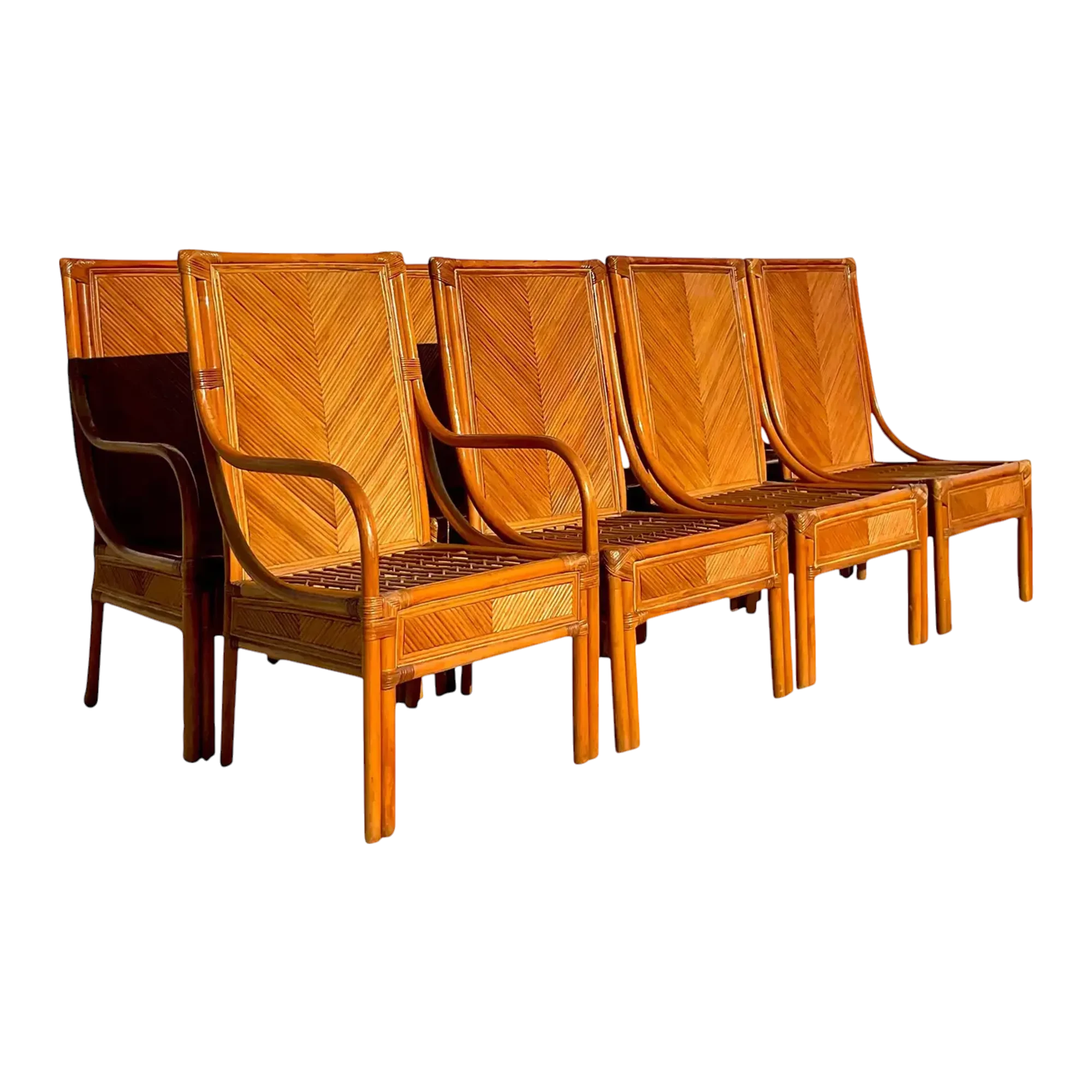 Vintage Coastal Chevron Pencil Reed Dining Chairs - Set of 8