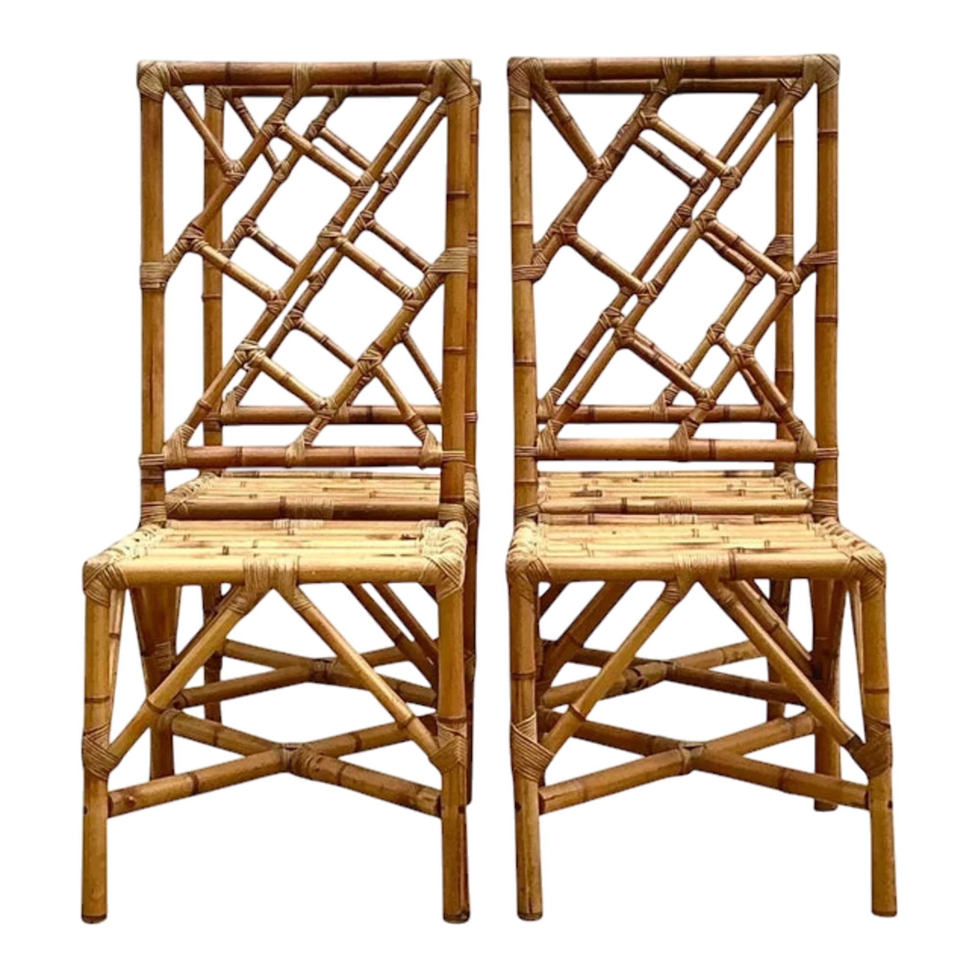 Vintage Coastal Chinese Chippendale Rattan Dining Chairs - Set of 4 