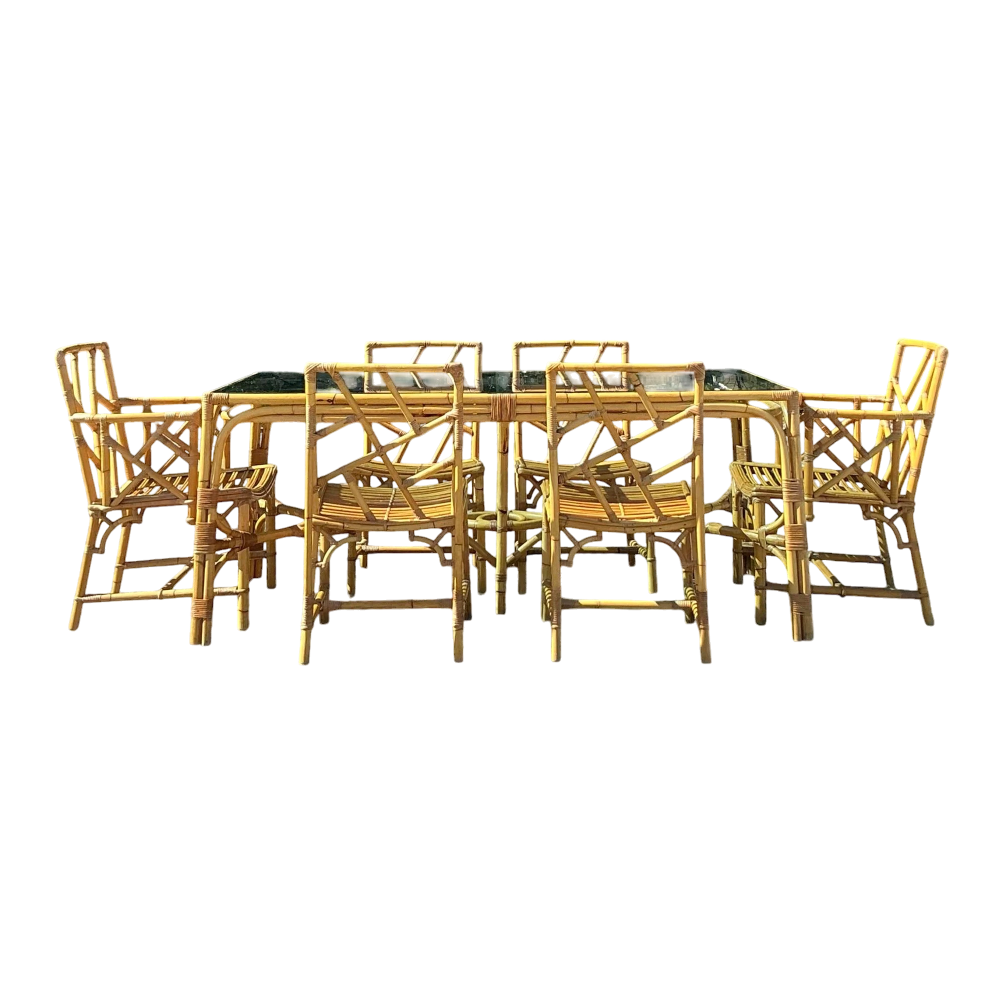 Vintage Coastal Chinese Chippendale Rattan Dining Set of 7