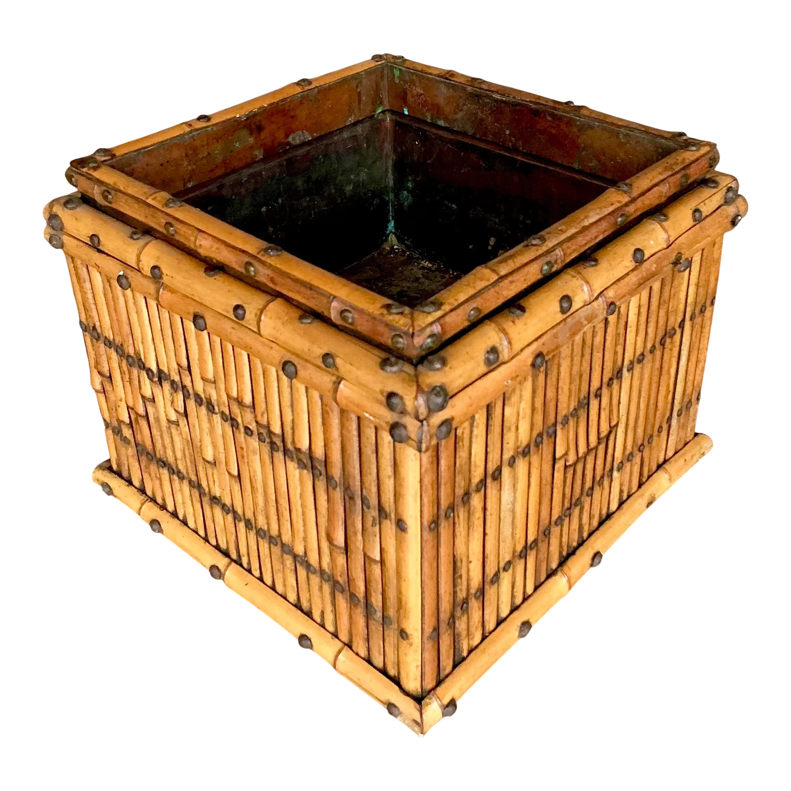 Vintage Coastal Copper Lined Bamboo Planter