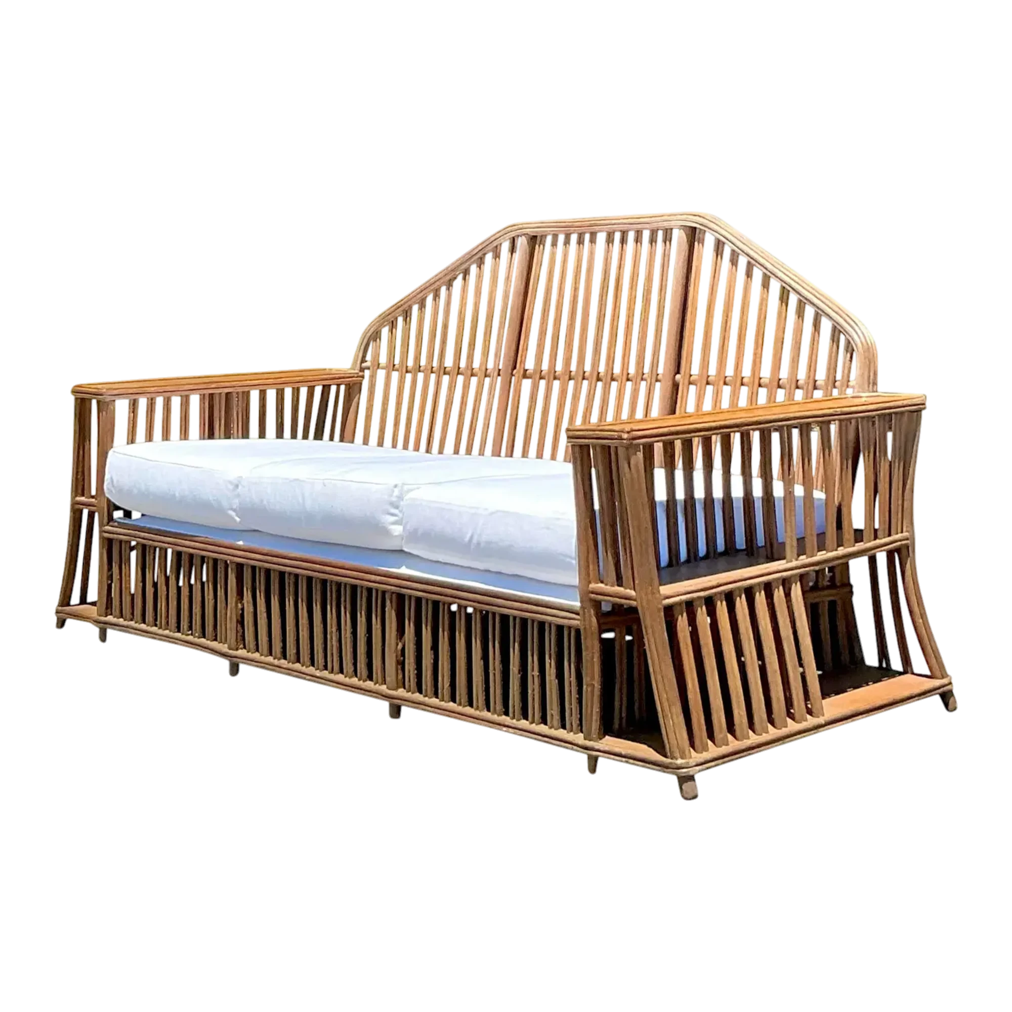 Vintage Coastal Faceted Stick Rattan Sofa After Heywood Wakefield