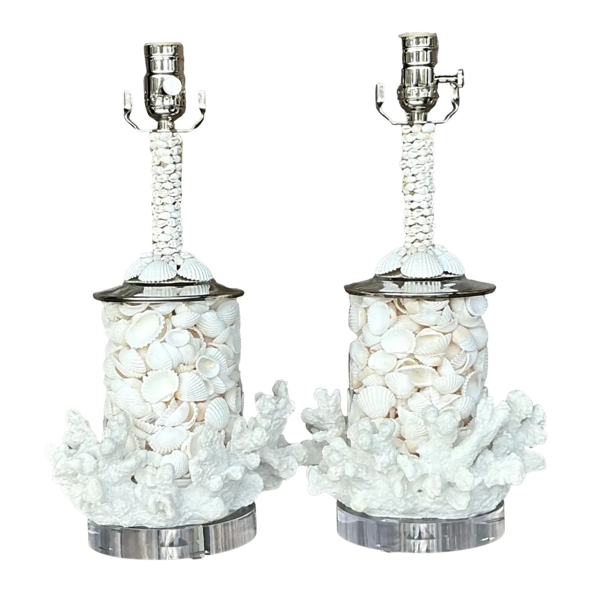 Vintage Coastal Faux Coral and Shell Lamps - a Pair
