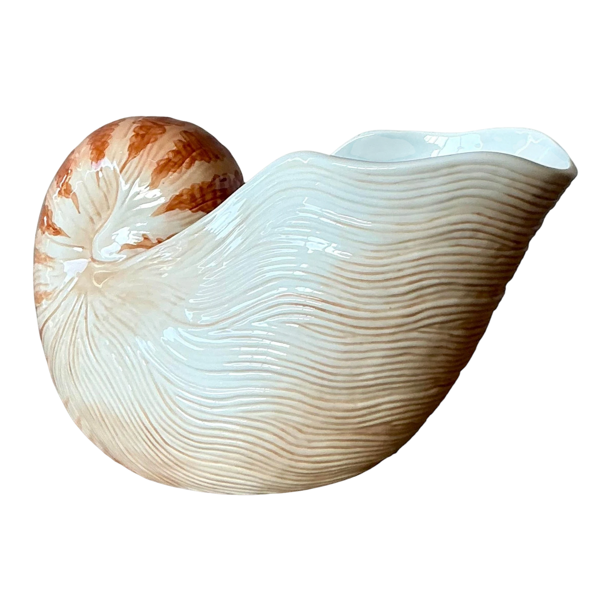 Vintage Coastal Fitz and Floyd Nautilus Shell Ceramic Cache Pot