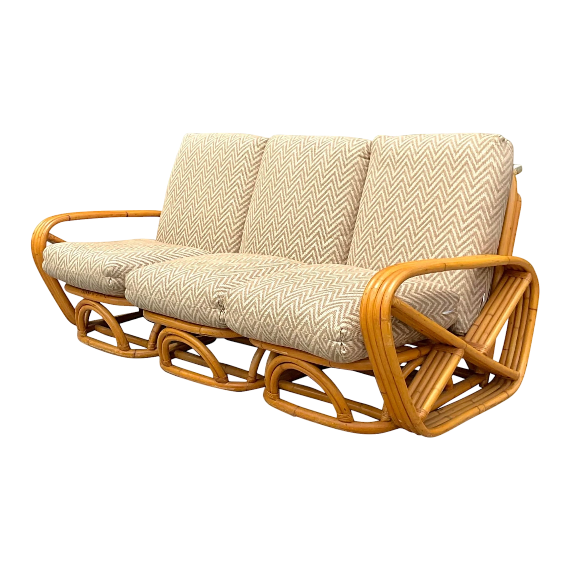 Vintage Coastal Four Strand Bent Rattan Sofa After Frankl