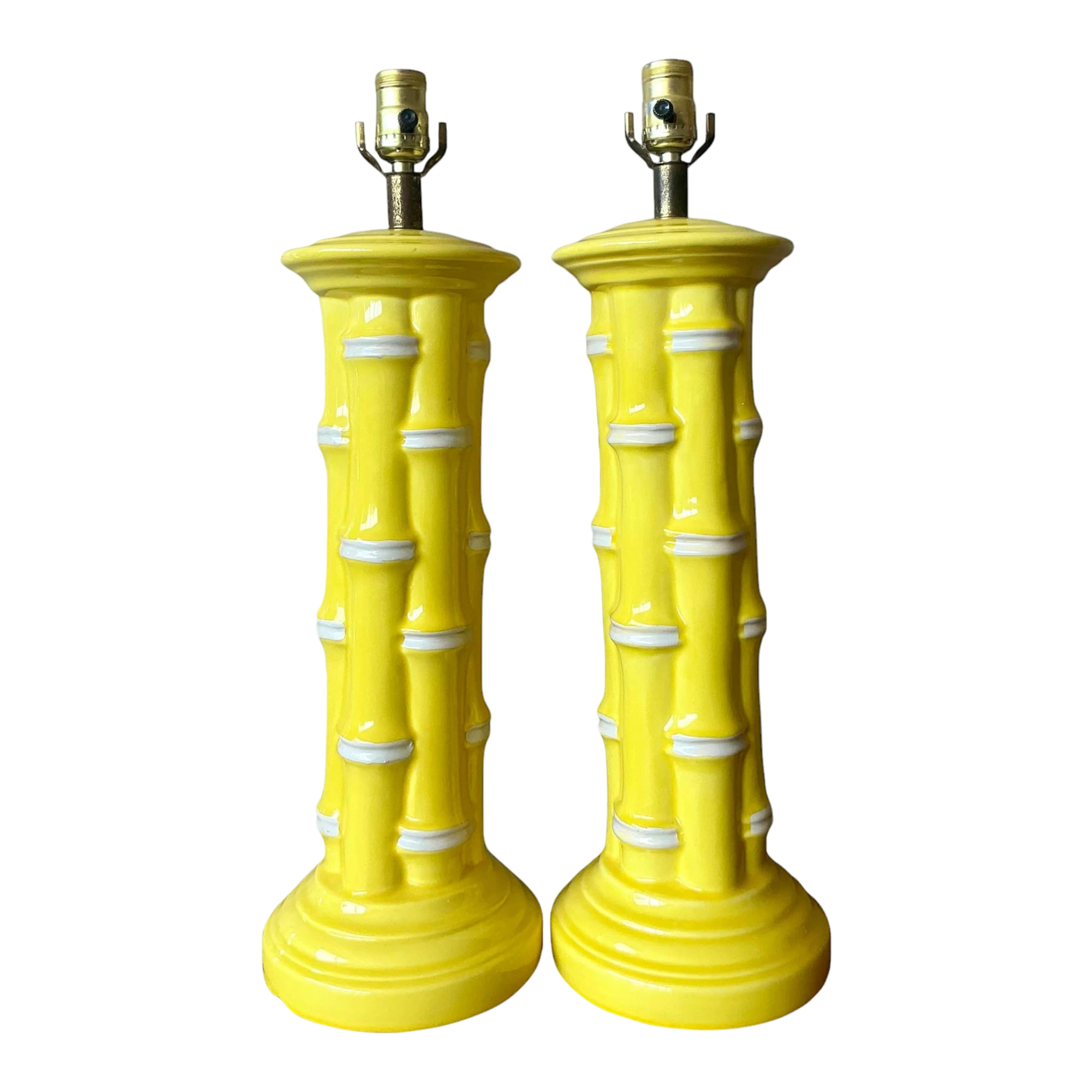 Vintage Coastal Glazed Ceramic Bamboo Lamps - A Pair