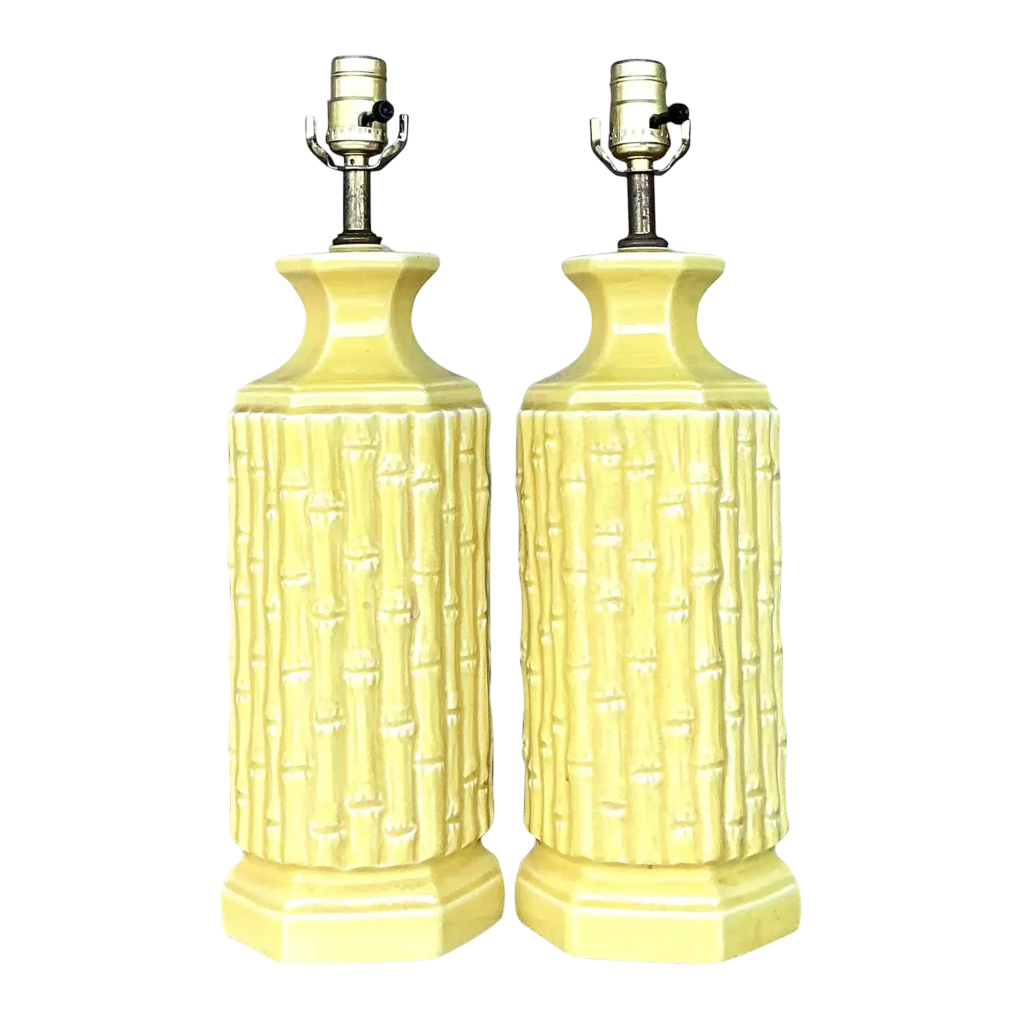 Vintage Coastal Glazed Ceramic Bamboo Lamps - a Pair