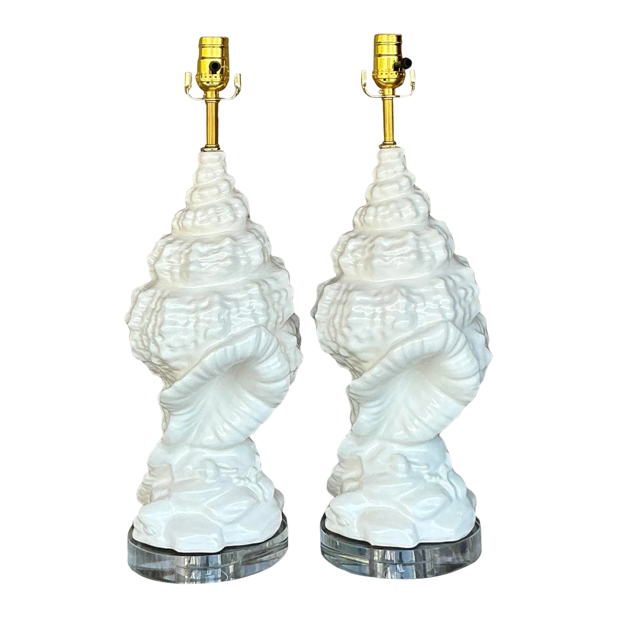 Vintage Coastal Glazed Ceramic Conch Lamps - a Pair